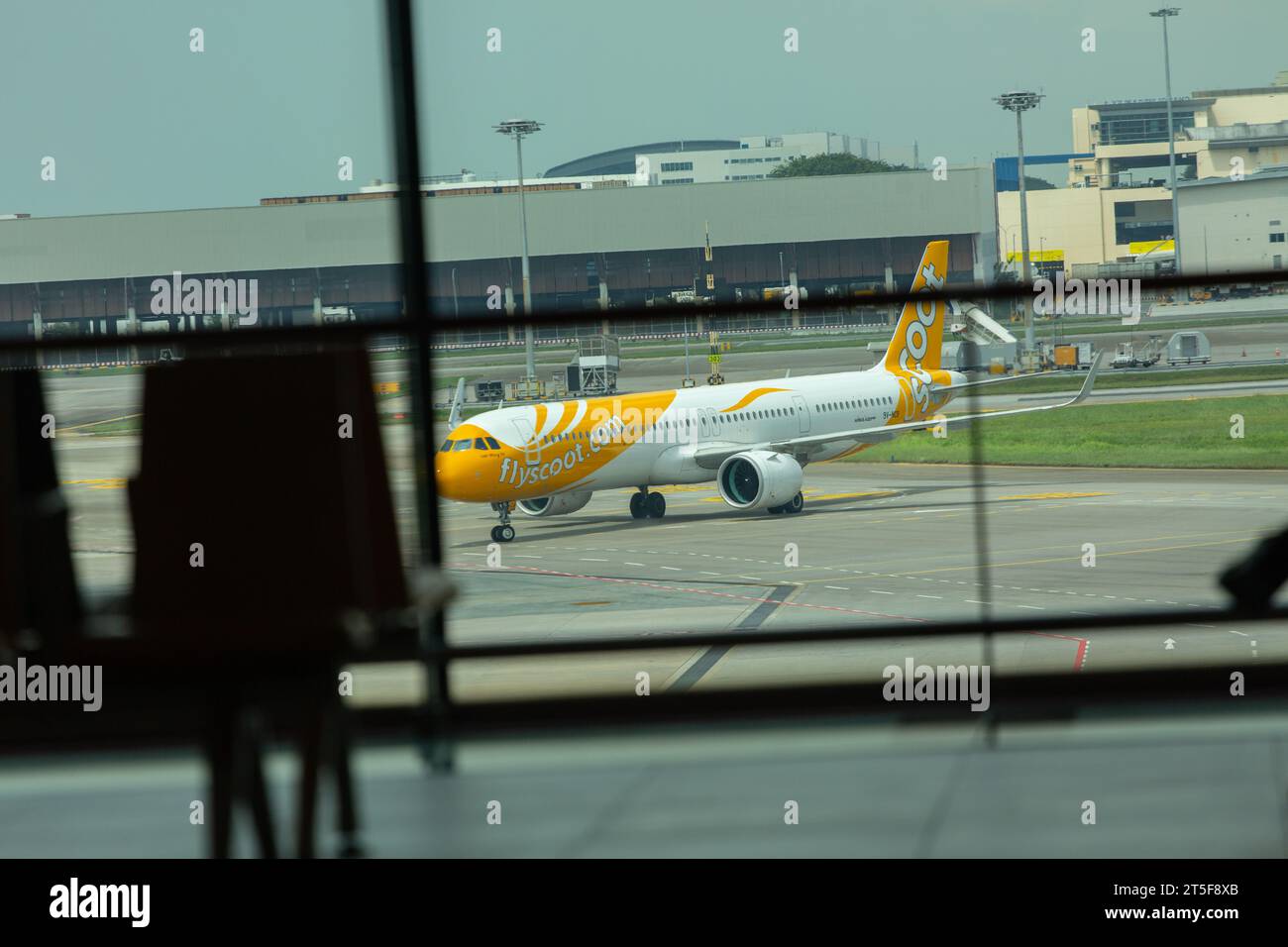 Aeromobili Airbus A321-271NX arrivo a terra. Scoot Airline è una compagnia aerea low cost a lungo raggio, l'Aeroporto di Singapore Changi. Foto Stock