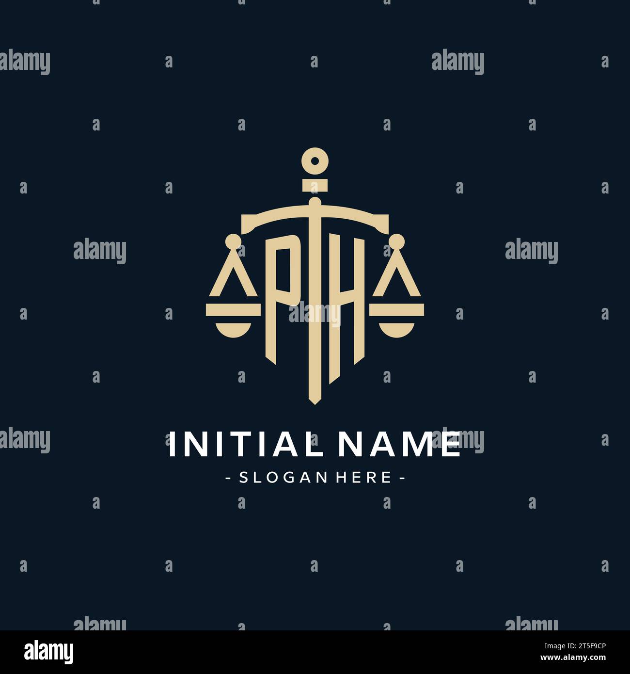 Logo iniziale PH con scala di giustizia e icona dello scudo, stile elegante e lussuoso logo dello studio legale Illustrazione Vettoriale