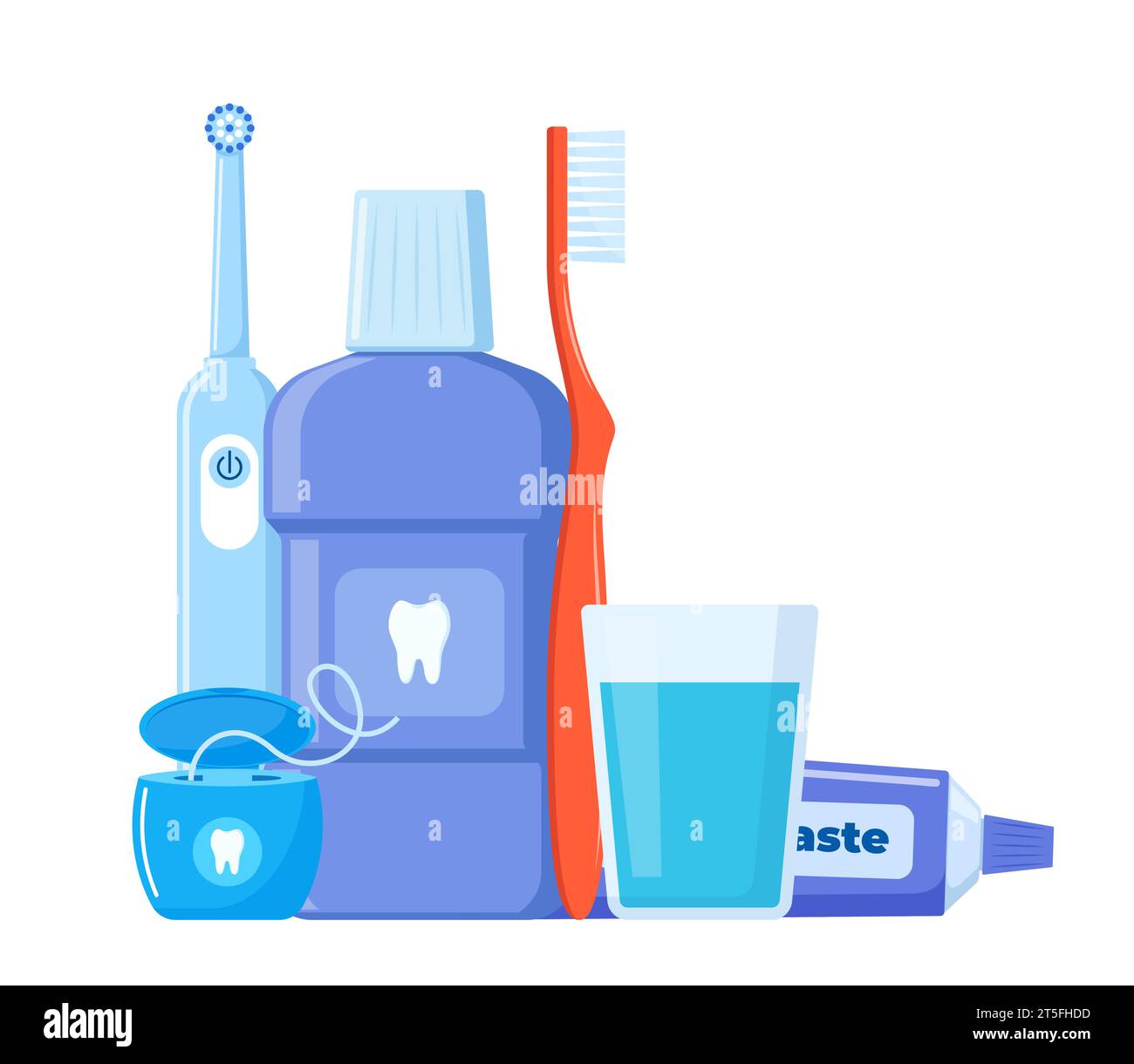 Strumenti per la pulizia dentale. Prodotti per l'igiene orale. Spazzolino da denti, dentifricio, collutorio, dentifricio, filo interdentale, irrigatore dentale. Spazzolamento te Illustrazione Vettoriale