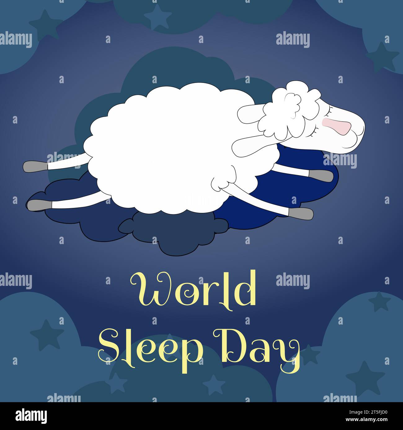 Cartolina verticale giornata Mondiale del sonno. Pecore bianche che saltano nel cielo tra le nuvole. Stile piatto cartoni animati per la giornata mondiale del sonno. Illustrazione Vettoriale