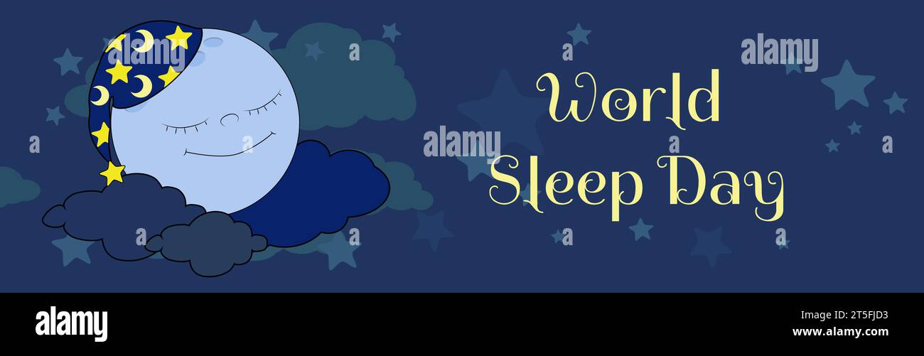 Striscione orizzontale una luna rotonda in un cappello sorride ed è di notte tra le nuvole e tra le stelle. Il giorno del sonno nel mondo e il concetto di buon sonno. Illustrazione Vettoriale