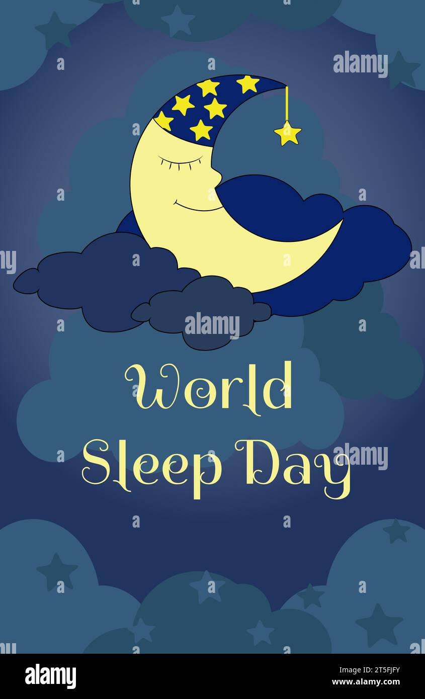 Cartolina verticale World Sleep Day. La luna dei cartoni animati in un berretto dorme sulle nuvole nel cielo notturno. Illustrazione vettoriale di disegno piatto per il Web. Illustrazione Vettoriale