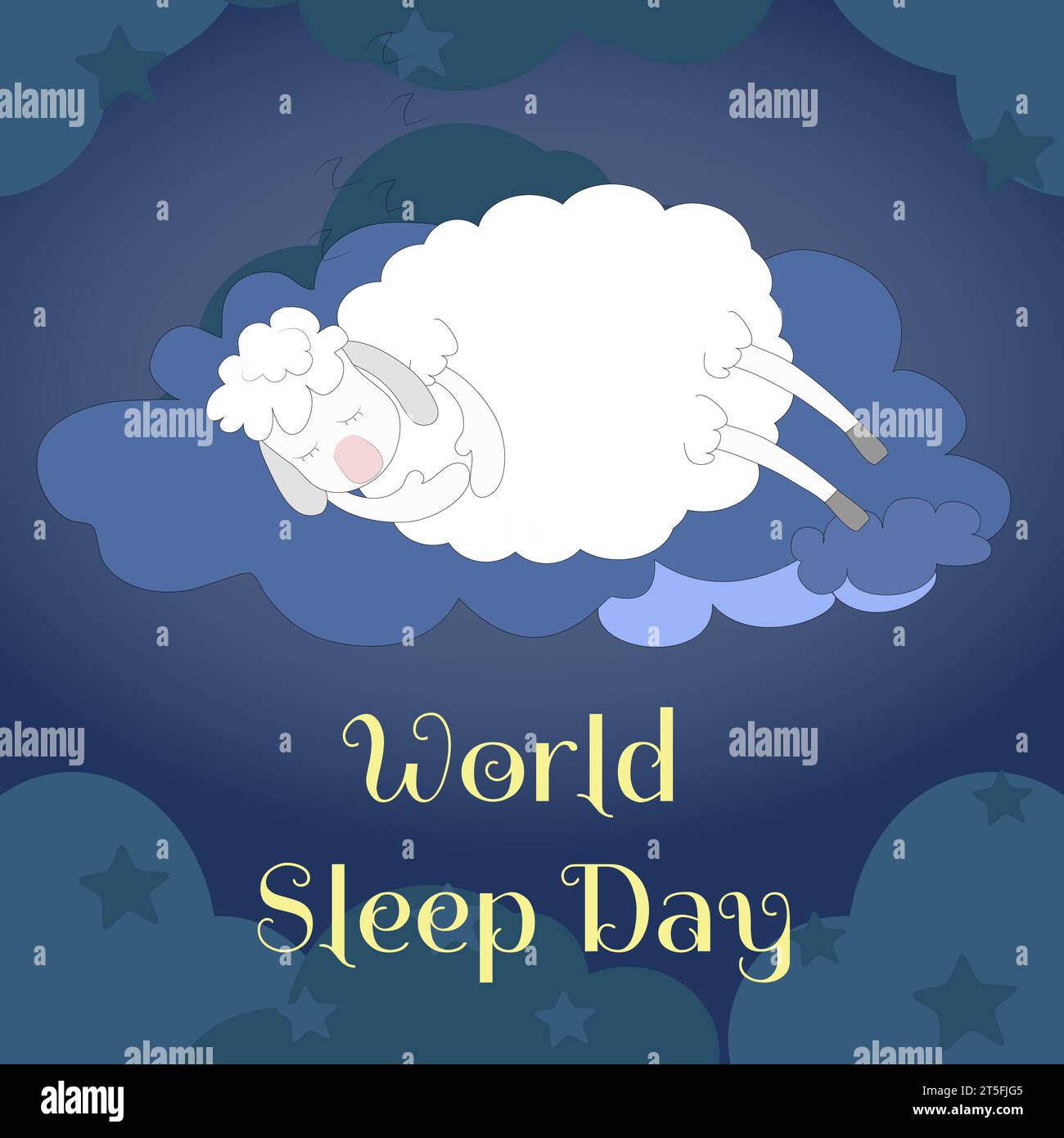 Un grazioso agnello bianco piange di notte sulle nuvole nel cielo blu. Cartolina dei cartoni animati per la giornata internazionale del sonno. Illustrazione Vettoriale