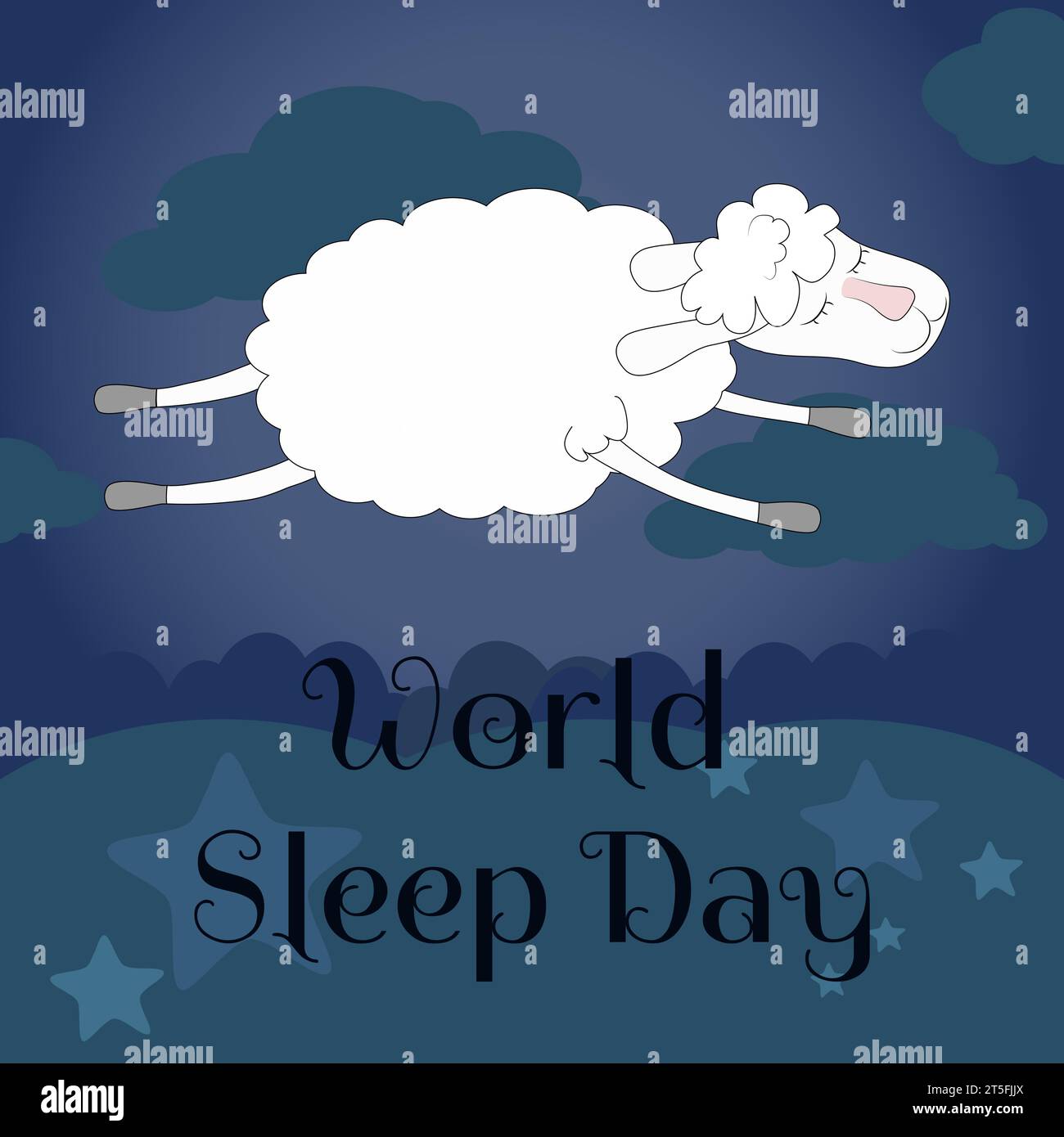 Pecore bianche che saltano nel cielo tra le nuvole con un look pacifico. Il concetto di un buon sonno sano e corretto e di una buona notte di riposo. Illustrazione Vettoriale
