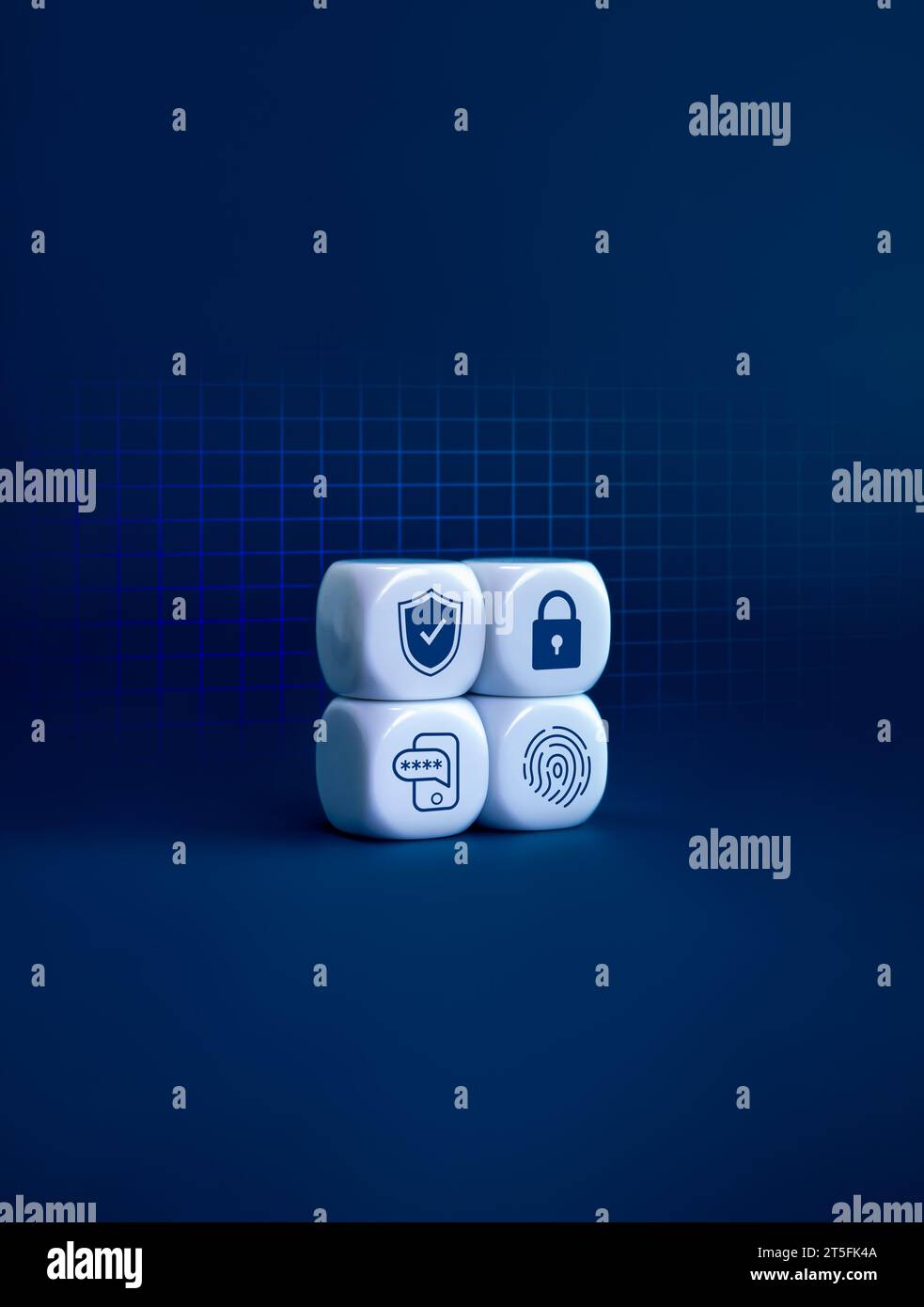 Scudo. lucchetto, autenticazione in due fasi e impronta digitale, icone delle informazioni personali su blocchi bianchi su sfondo blu. Sicurezza informatica, protezione dei dati Foto Stock