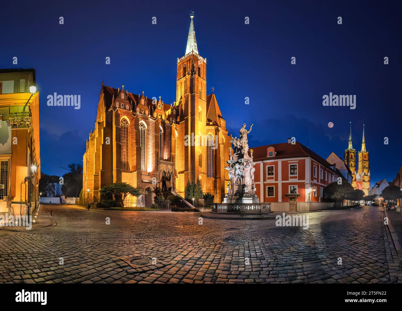 Chiesa Collegiata di Santa Croce e Santa Croce Bartolomeo con facciata della cattedrale di Breslavia illuminata al crepuscolo sullo sfondo a Breslavia, Slesia, Polonia Foto Stock