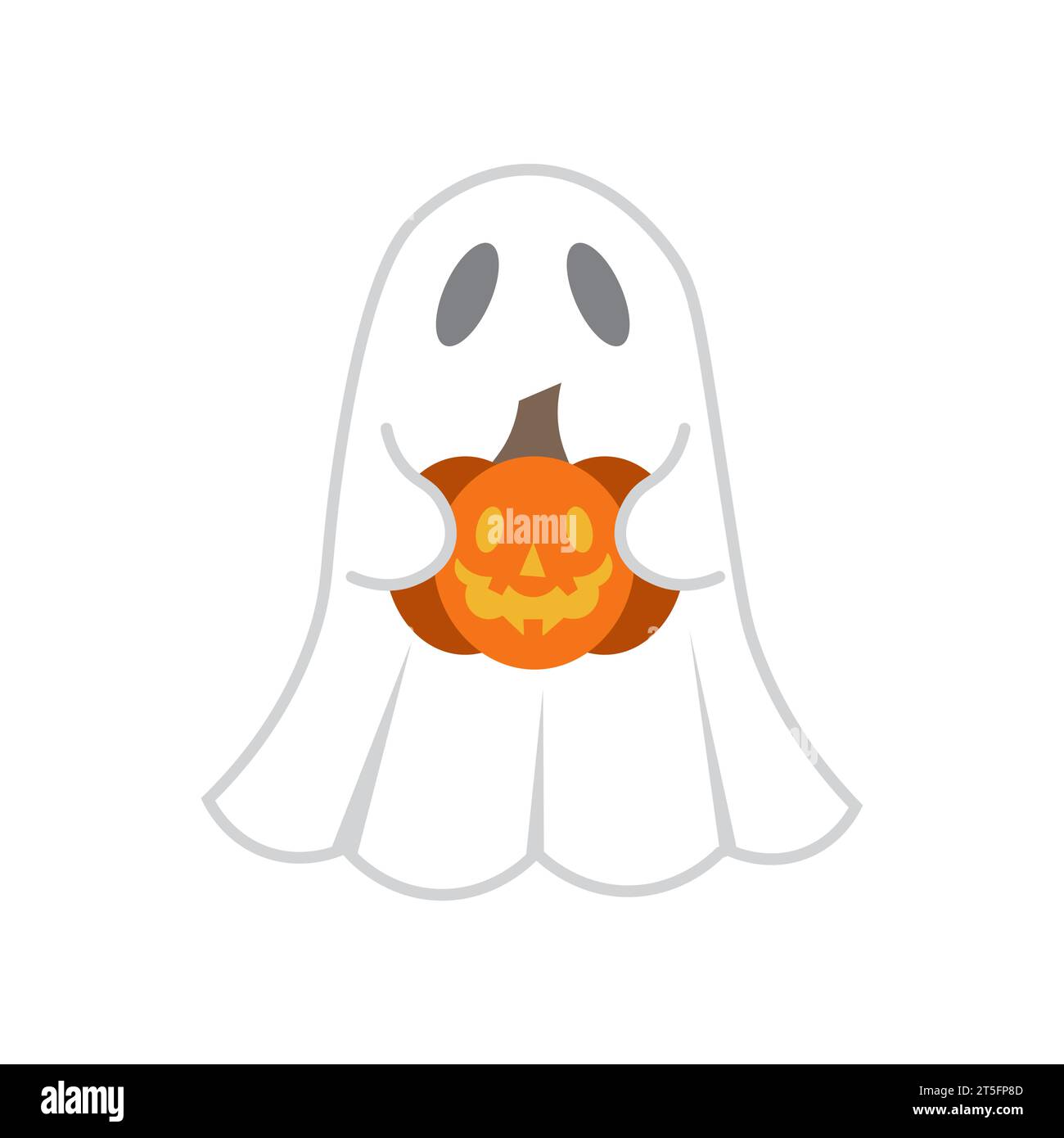 Fantasma volante che tiene in mano la zucca. Fantasmi bianchi spaventosi. Simpatico personaggio dei cartoni animati. Biglietto d'auguri con sfondo bianco isolato. Illustrazione vettoriale Illustrazione Vettoriale