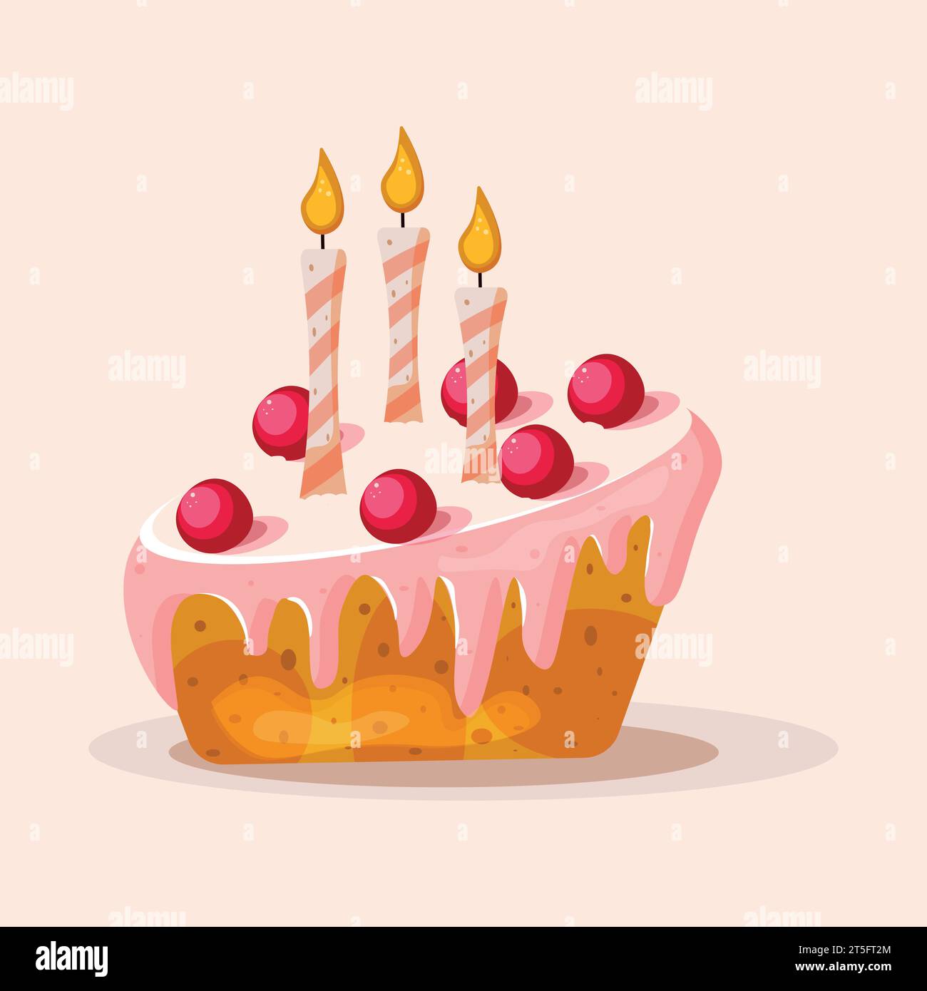 Illustrazione della torta a cartoni animati con candela. Torta per festeggiare il compleanno con tre candele. Illustrazione Vettoriale