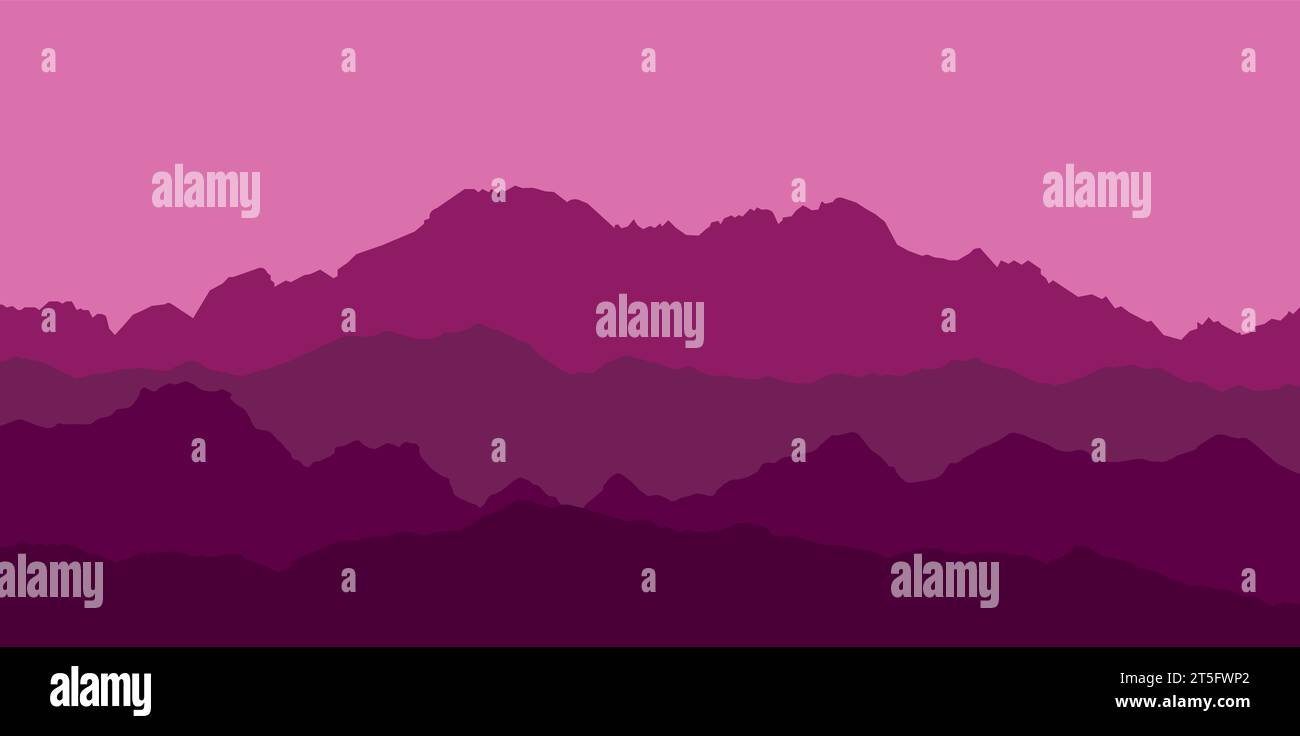Vista panoramica del paesaggio di montagna con la nebbia nella valle sottostante con il alpenglow cielo blu e Rising Sun - vettore Illustrazione Vettoriale