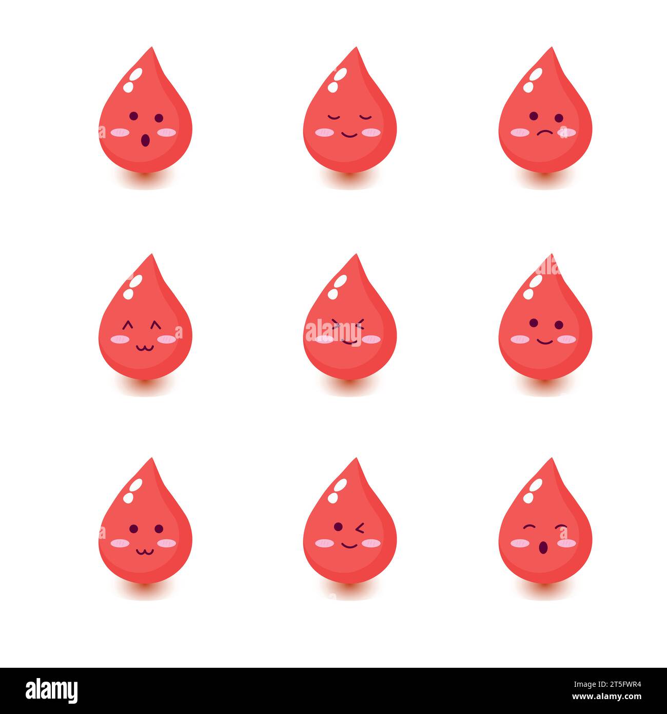 Carino felice sorridente Blood Drop Set di personaggi dei cartoni animati.disegno delle icone dei cartoni animati piatto vettoriale.isolato su sfondo bianco. Illustrazione Vettoriale