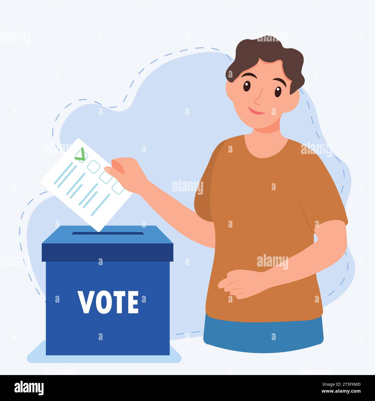 Un giovane che mette il voto nelle urne. Concetto di elezione Illustrazione Vettoriale