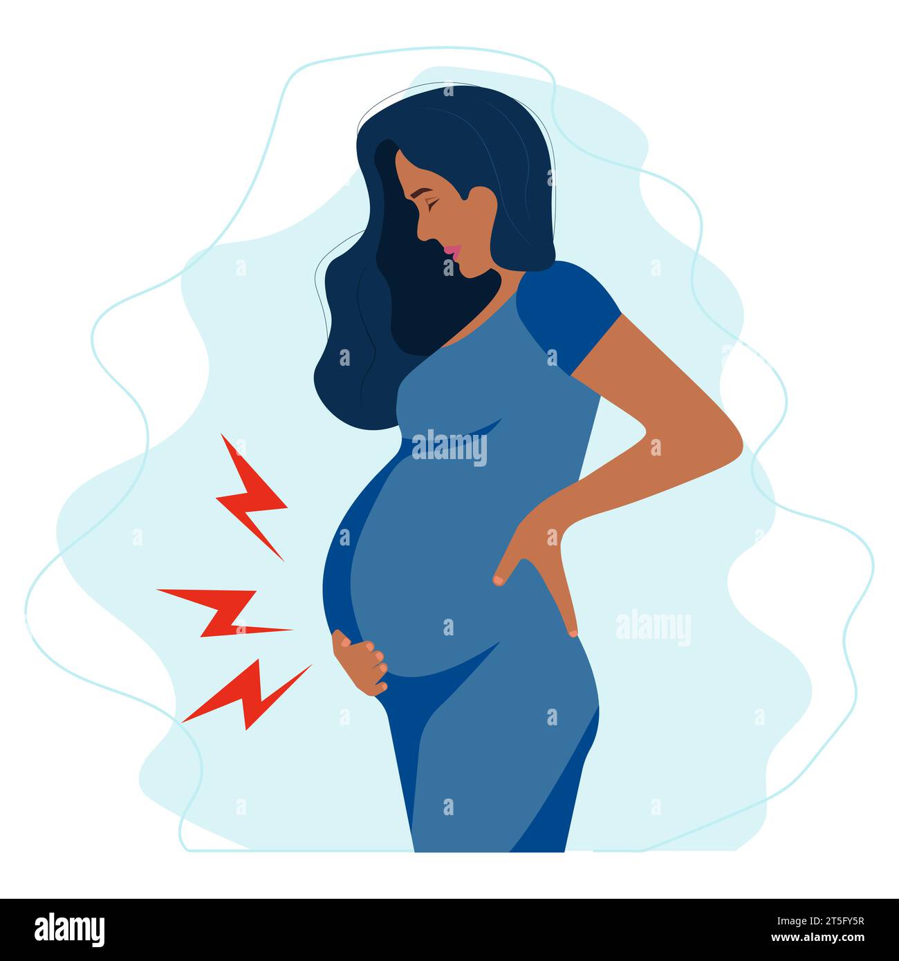 Preoccupata donna nera incinta che soffre di mal di stomaco. Problemi con la gravidanza. Malattia, sintomi di gravidanza, maternità, concetto di problema di salute.Vector i Illustrazione Vettoriale