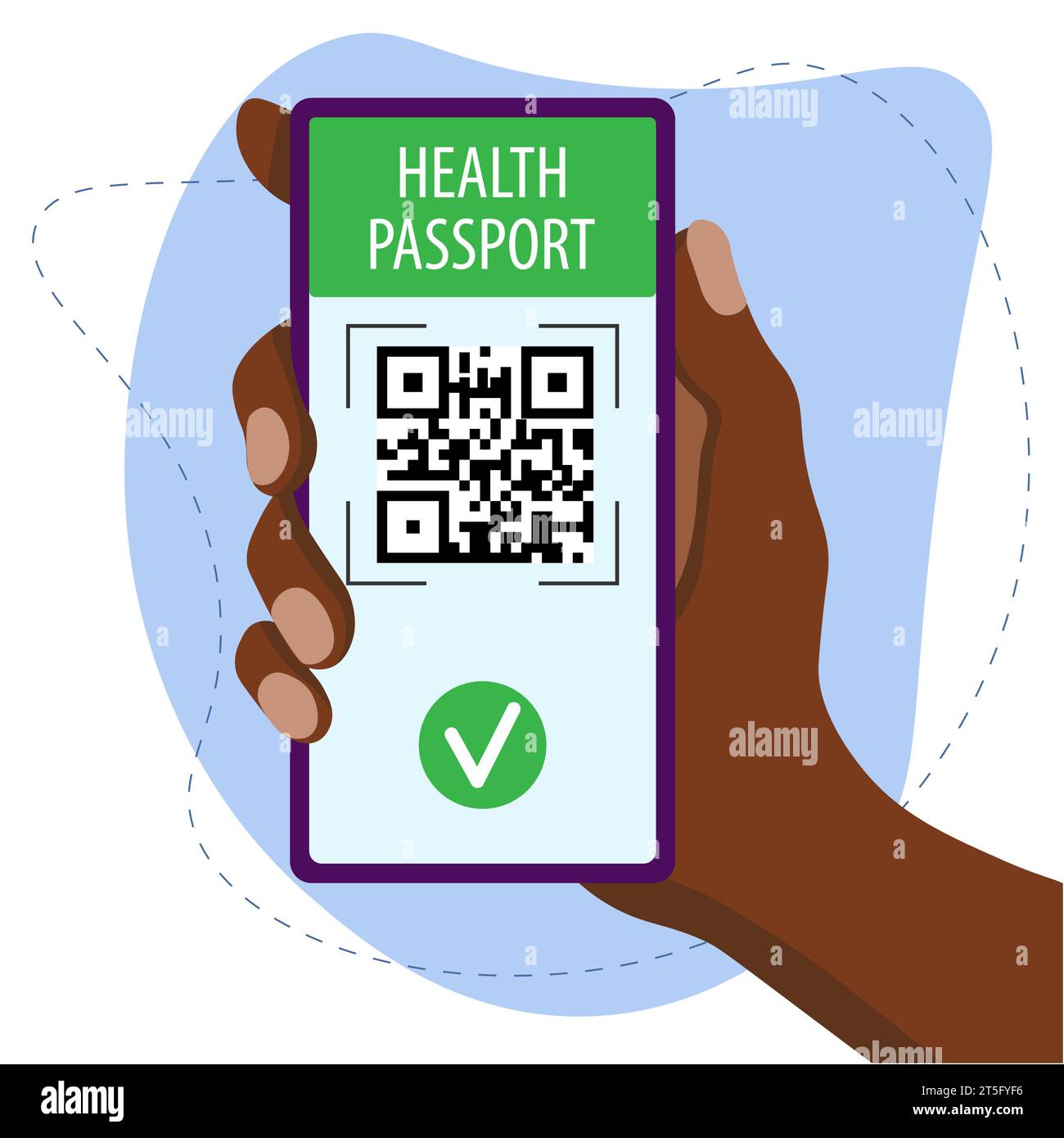 Concetto di passaporto sanitario. Mano nera che tiene uno smartphone con codice QR, stato di vaccinazione. Illustrazione vettoriale in stile piatto Illustrazione Vettoriale