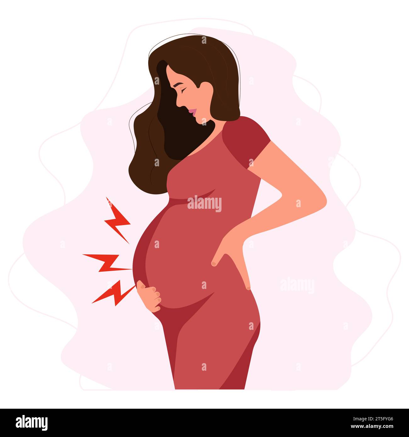 Donna incinta preoccupata che soffre di mal di stomaco. Problemi con la gravidanza. Malattia, sintomi di gravidanza, maternità, concetto di problema di salute.Vector illustr Illustrazione Vettoriale