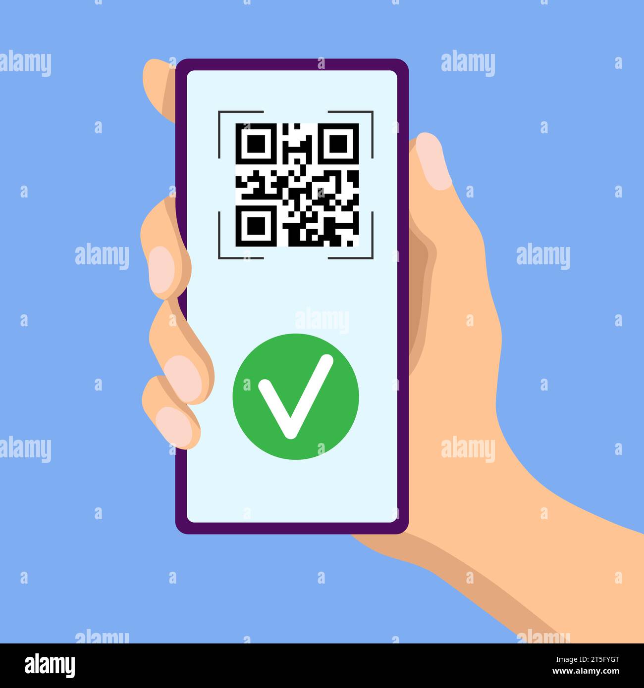 Lettura con convalida di un'etichetta con codice QR con uno smartphone su sfondo blu (design piatto) Illustrazione Vettoriale