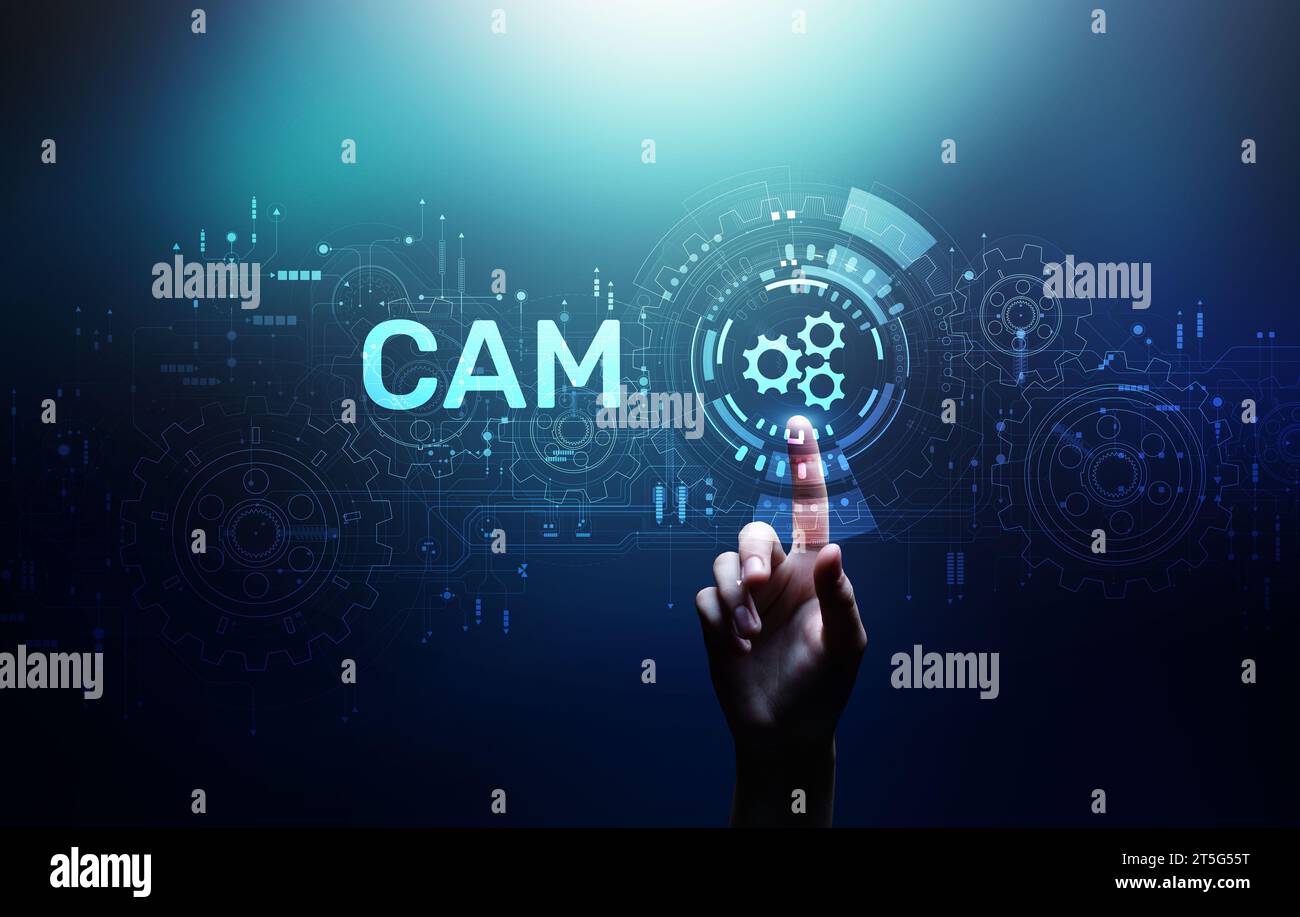 Sistema CAM software progettazione di applicazioni di ingegneria della produzione assistita da computer e concetto di modellazione. Foto Stock