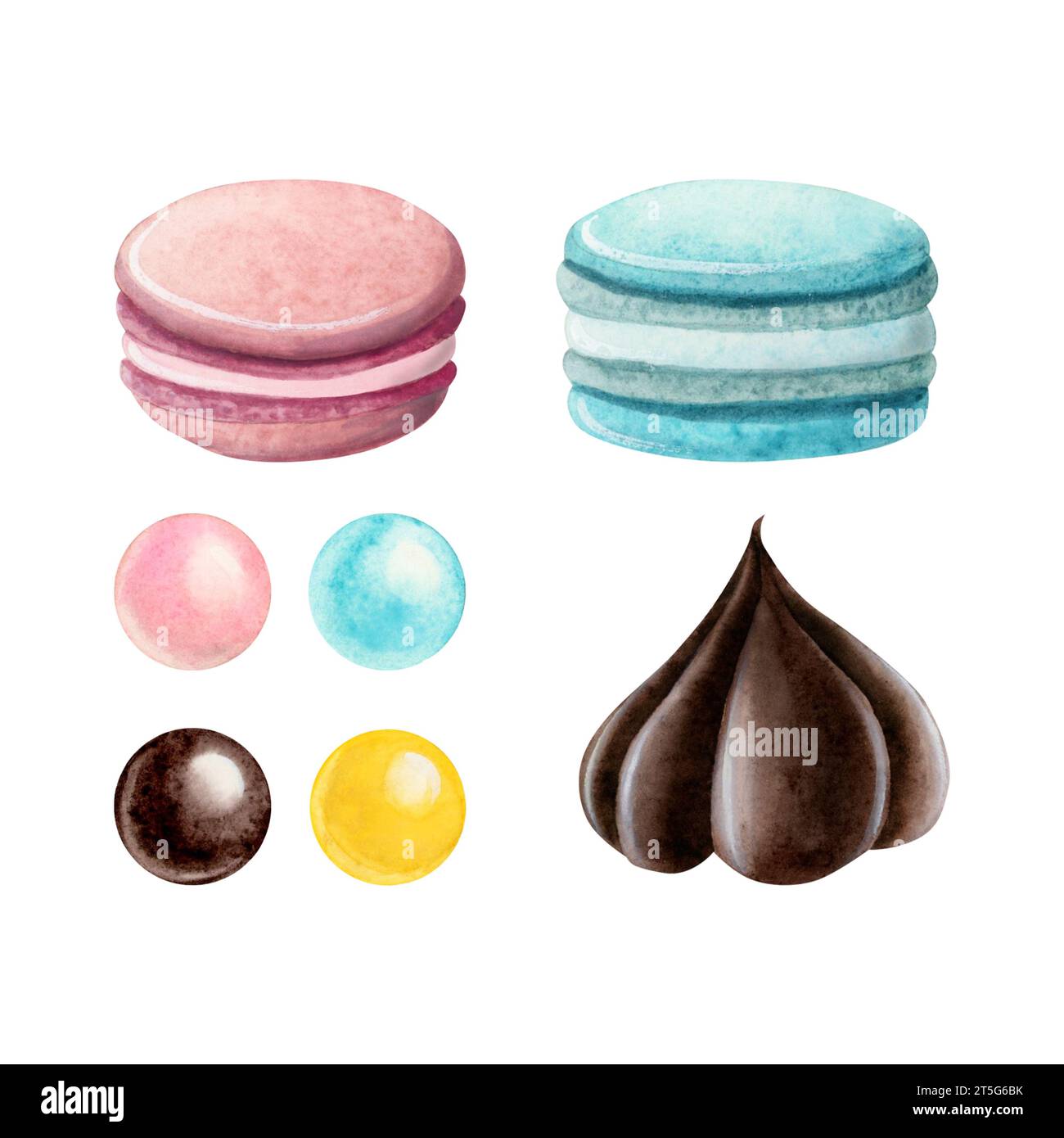 Macaron francesi, caramelle rotonde ricoperte di zucchero e set illustrativo di cioccolato ad acquerello dolce. Dessert disegnati a mano Foto Stock