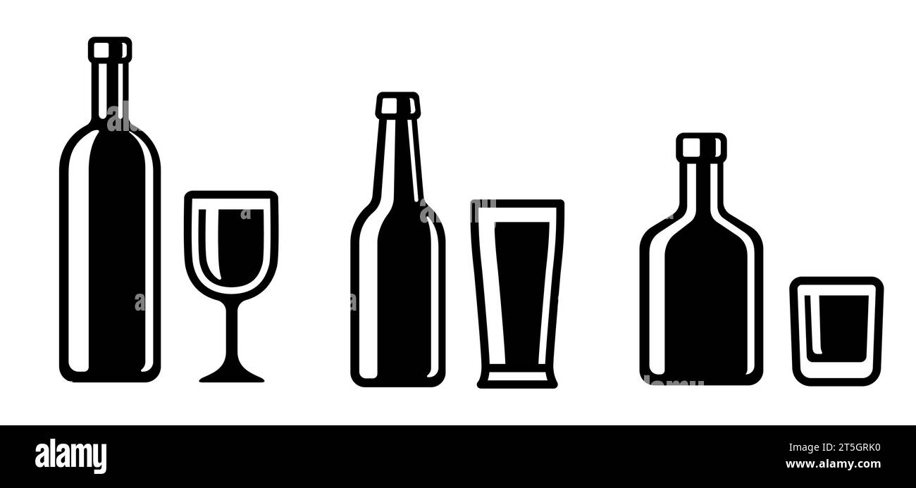 Bottiglie di bevande alcoliche e icone di vetro. Vino, birra e whiskey. Illustrazione vettoriale in bianco e nero semplice ed elegante. Illustrazione Vettoriale