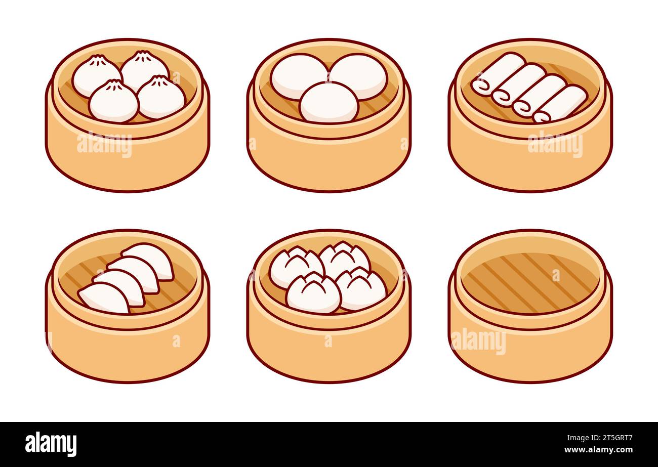 Dim sum, gnocchi cinesi tradizionali, in cesti di bamboo. Involtini primaverili, adesivi, bao Buns. Illustrazione vettoriale del cibo asiatico, cartone animato drawin Illustrazione Vettoriale