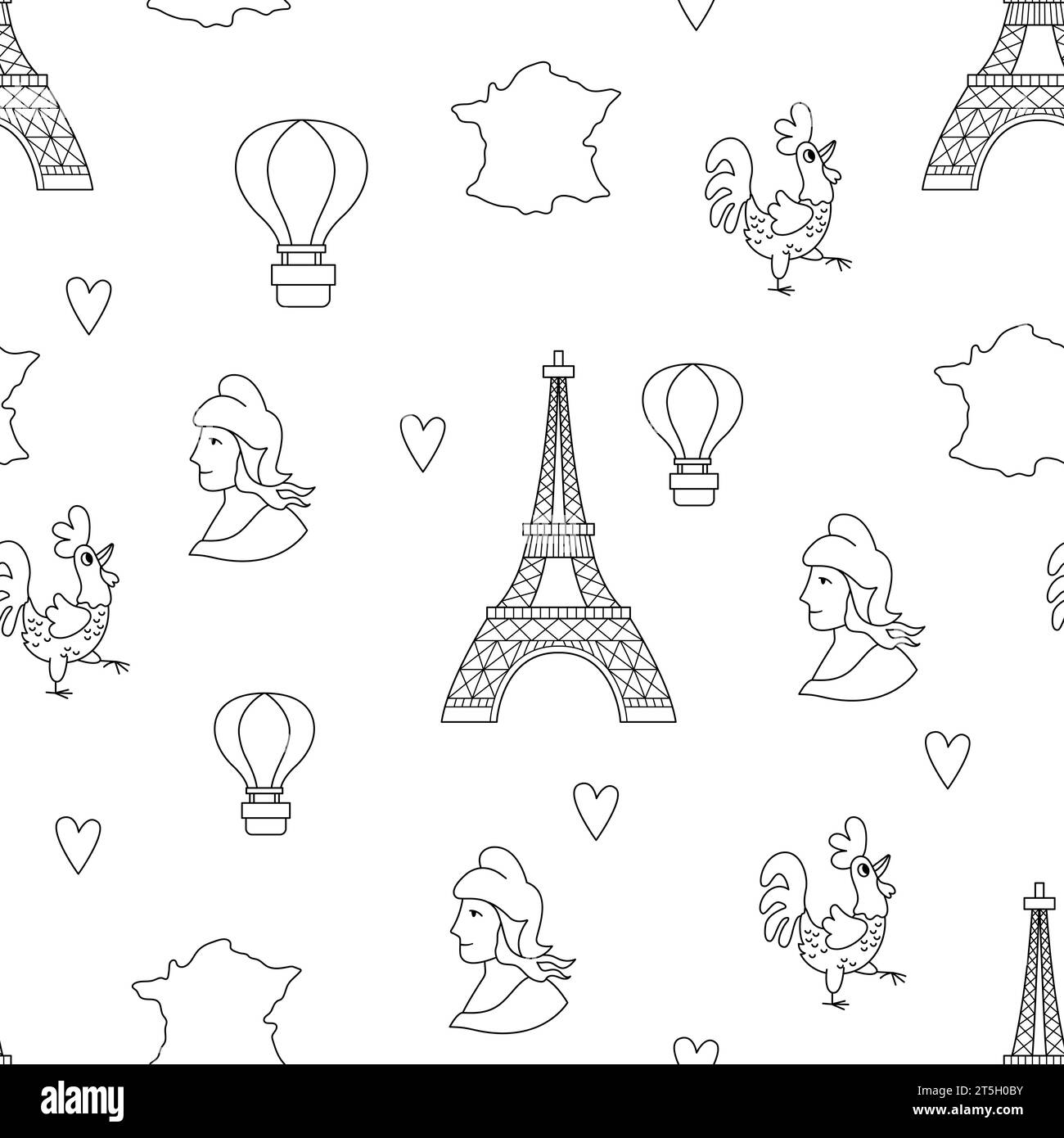 Simboli Francia motivo vettoriale senza cuciture in bianco e nero. Sfondo a linee ripetute con Torre Eiffel, Marianne, mappa, mongolfiera tricolore. Carino Par Illustrazione Vettoriale