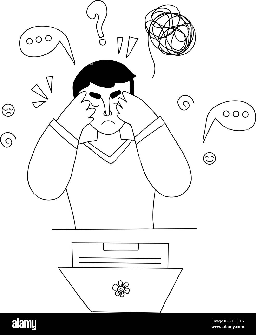 Uomo depresso e stanco con pensieri confusi davanti al notebook. Illustrazione vettoriale. Contorno disegnato a mano . Illustrazione Vettoriale