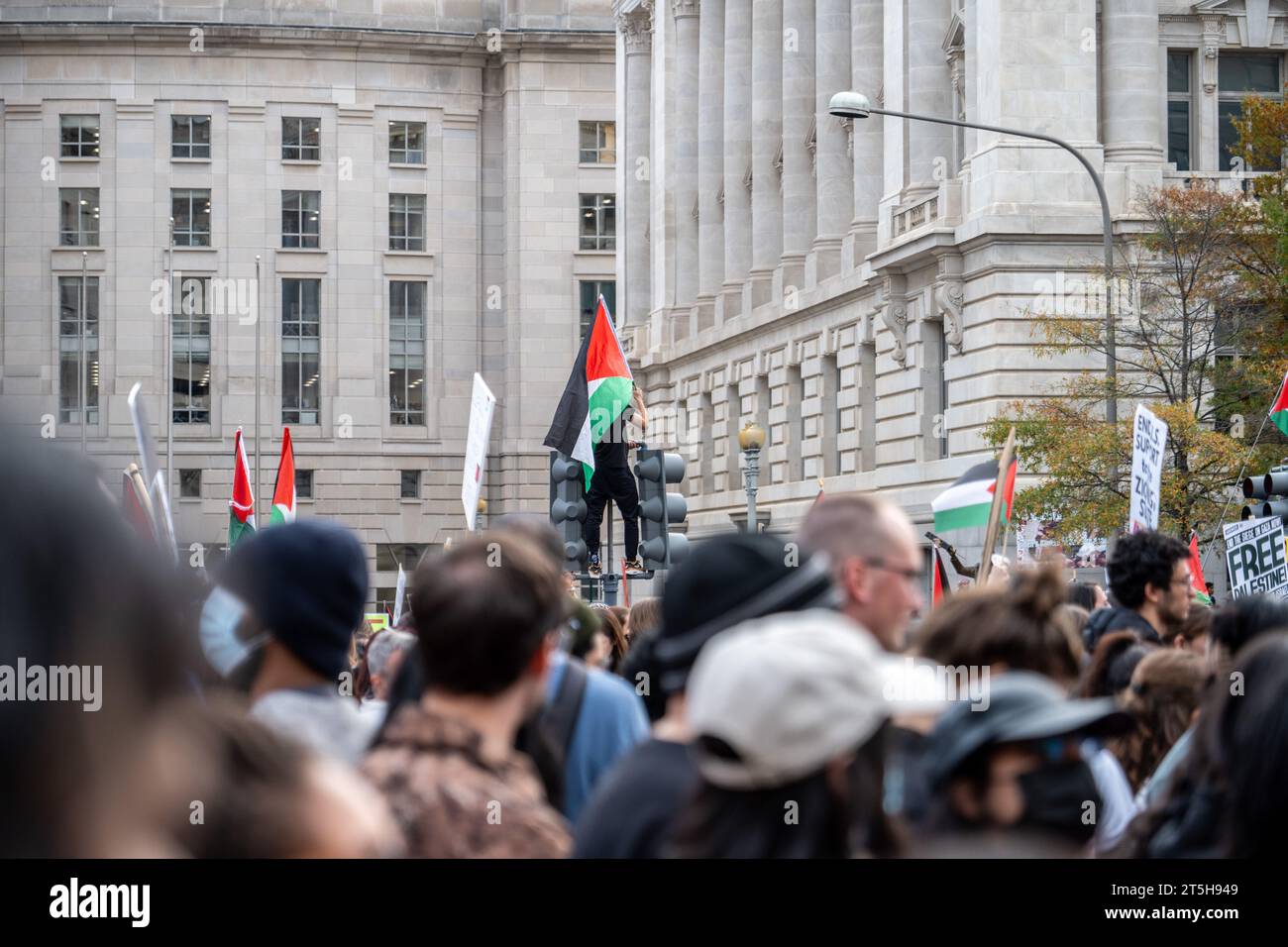 Washington, DC - 11-4-2023: Manifestanti palestinesi sulle luci di strada Foto Stock