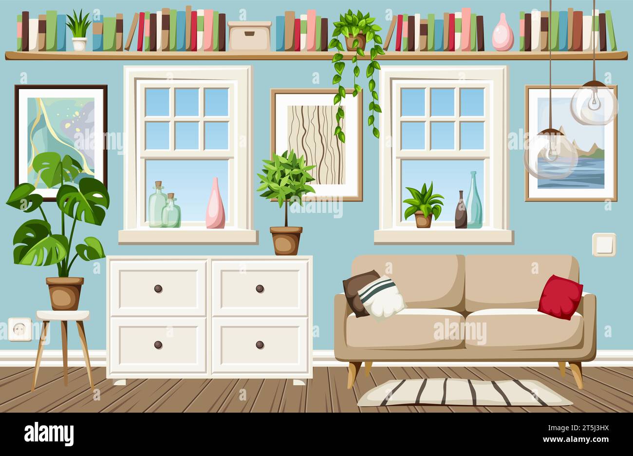 Interni del soggiorno con pareti blu, un divano, una libreria, un comò, due finestre, e piante da casa. Interni accoglienti. Cartoni animati V Illustrazione Vettoriale