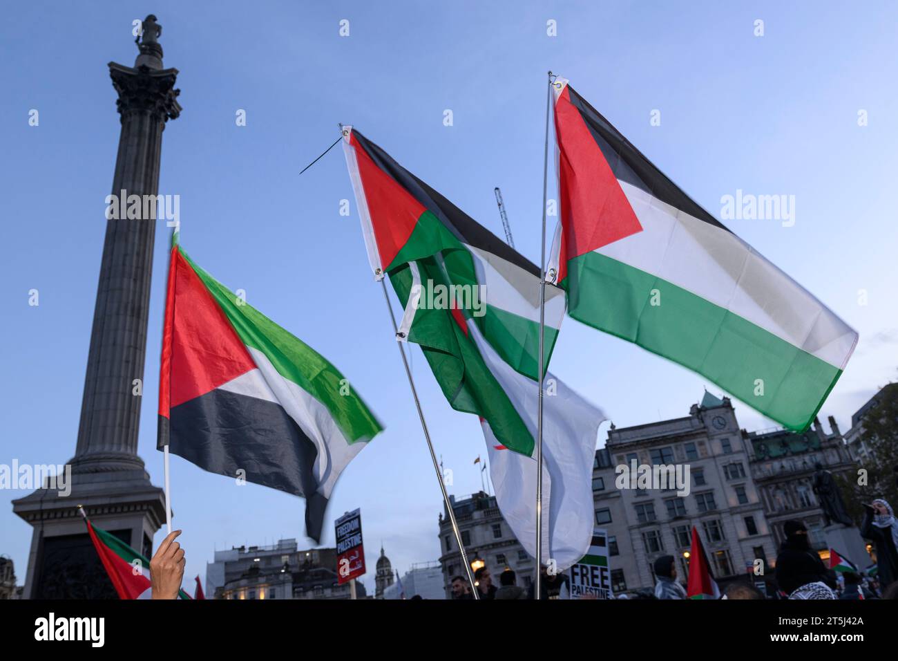 I manifestanti in un raduno pro-Palestina che chiedeva un cessate il fuoco dell'offensiva militare in corso a Gaza da parte delle forze di difesa israeliane. Trafalgar Square, Lon Foto Stock