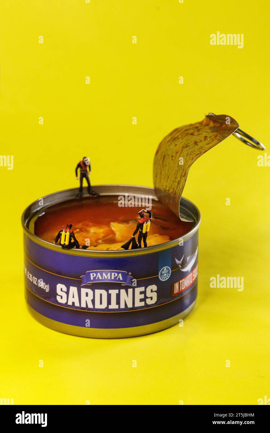 Mini subacquei Figurine in lattina di sardine Foto Stock