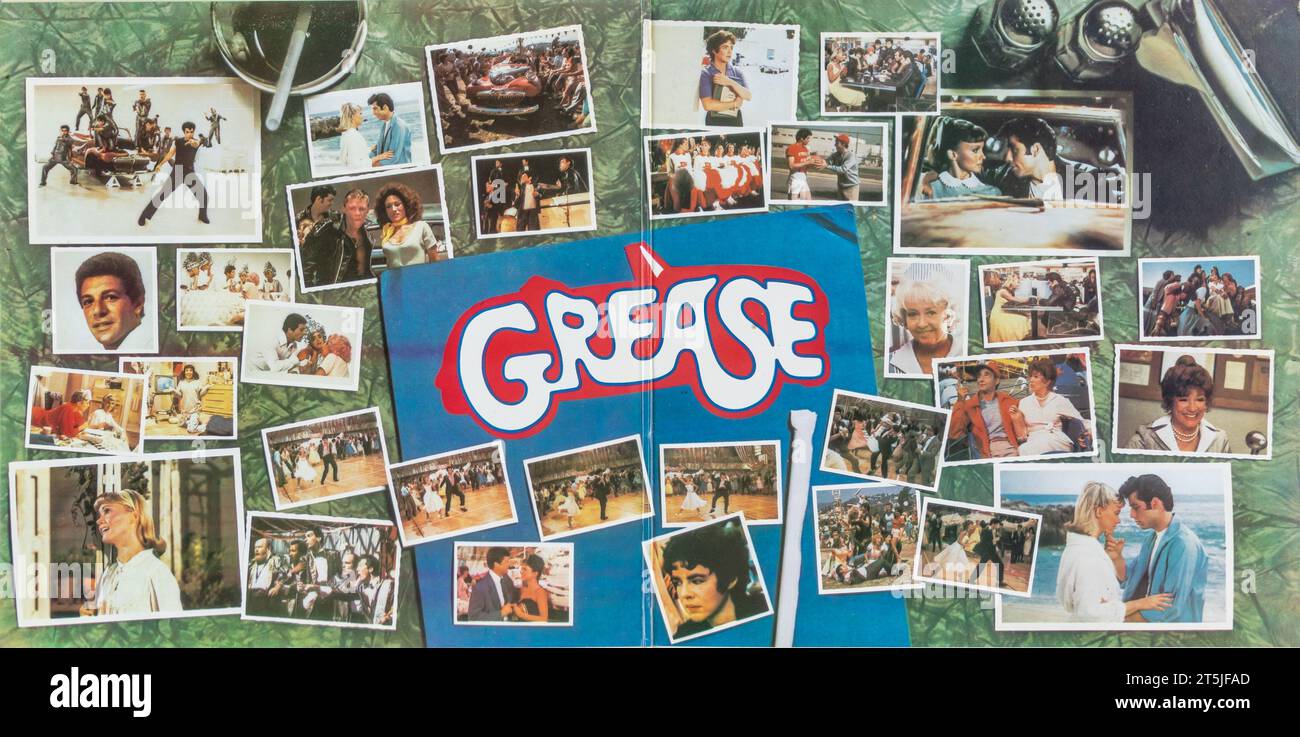 Granada, Spagna; 21 settembre 2023: Copertina interna del vinile della colonna sonora del film musicale "Grease" Foto Stock