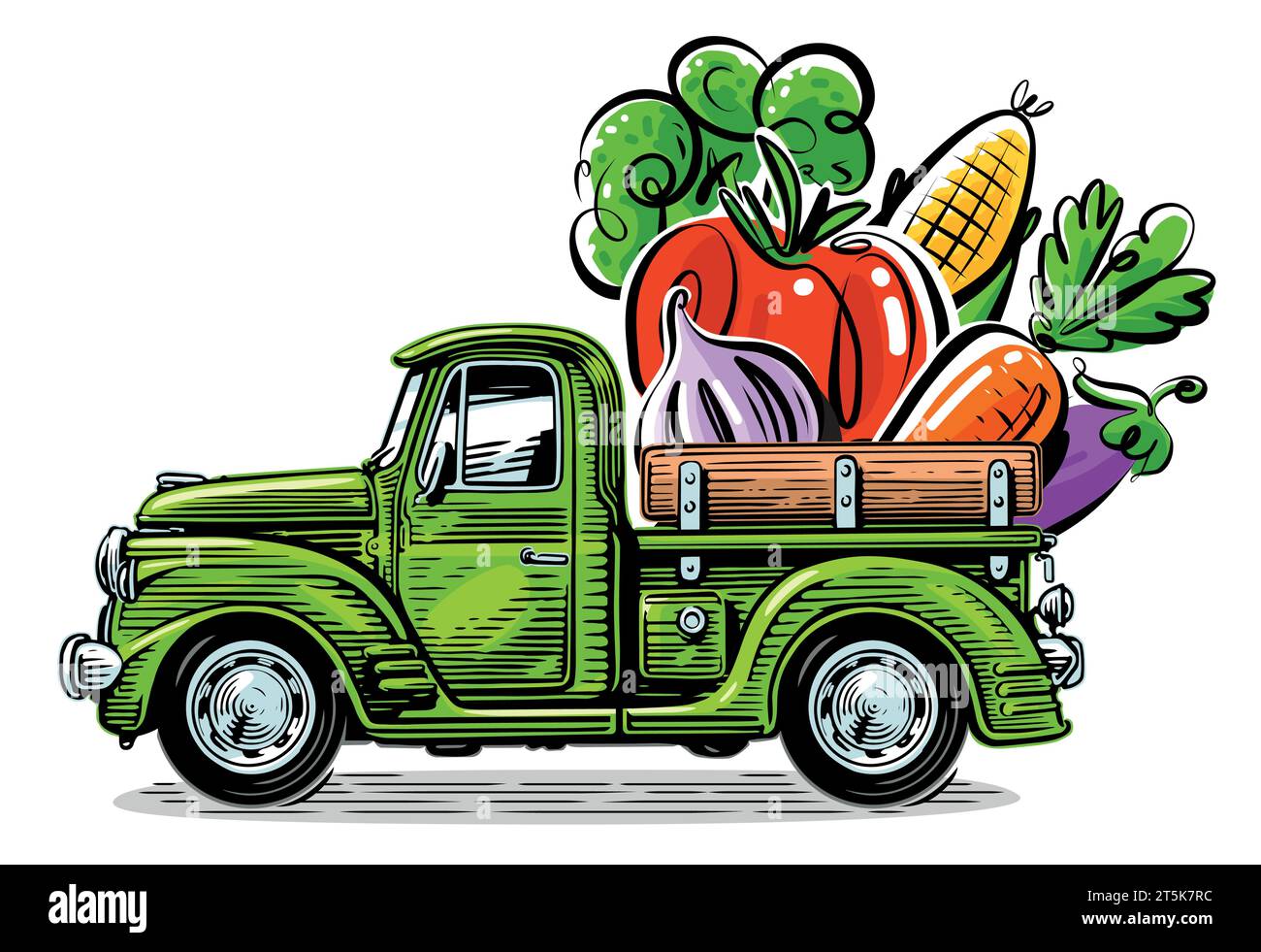Camion retrò carico di verdure fresche. Cibo biologico agricolo. Illustrazione vettoriale Illustrazione Vettoriale