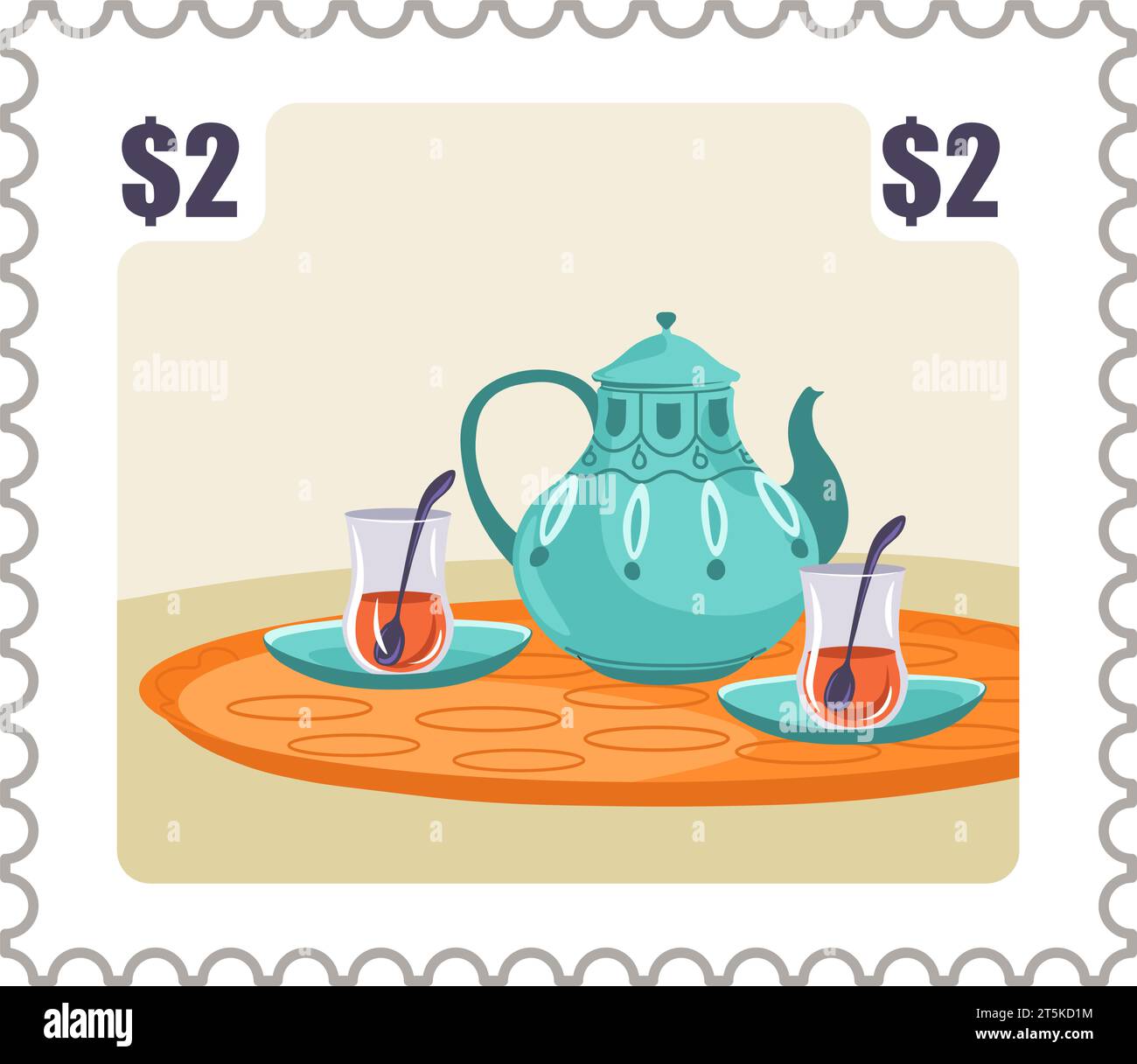 Cartolina o timbro postale della Thailandia con tè e pentola Illustrazione Vettoriale