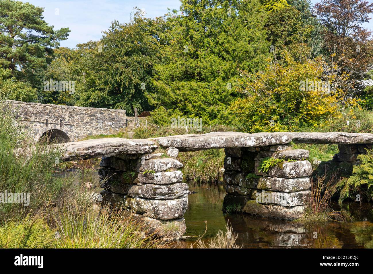 Dartmoor National Park, ponte medievale sul fiume Dart orientale, ponte del XIII secolo costruito per attraversare cavalli da branco, Inghilterra, Regno Unito Foto Stock