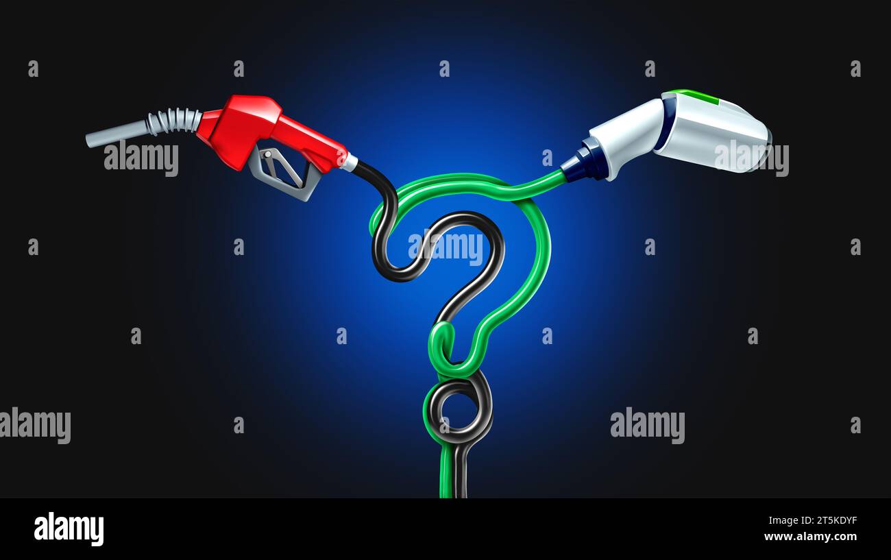 Auto elettrica e gas come scelta del carburante come tecnologia della batteria EV o del veicolo elettrico e tradizionale domanda di presentazione della pompa di gas fossile Foto Stock