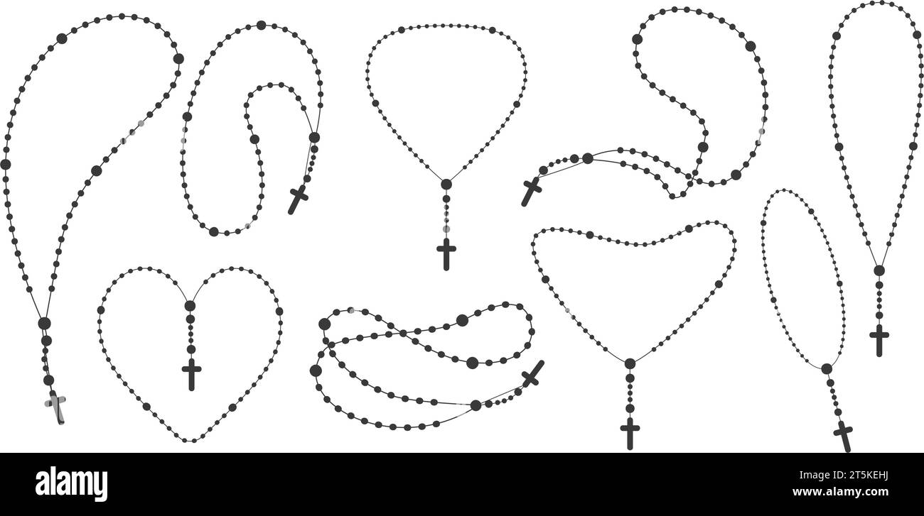 Set di silhouette con perline di Rosario. Preghiera gioielli a forma di cuore per la meditazione. Cappelletto cattolico a croce. Simbolo di religione. Illustrazione vettoriale. Illustrazione Vettoriale