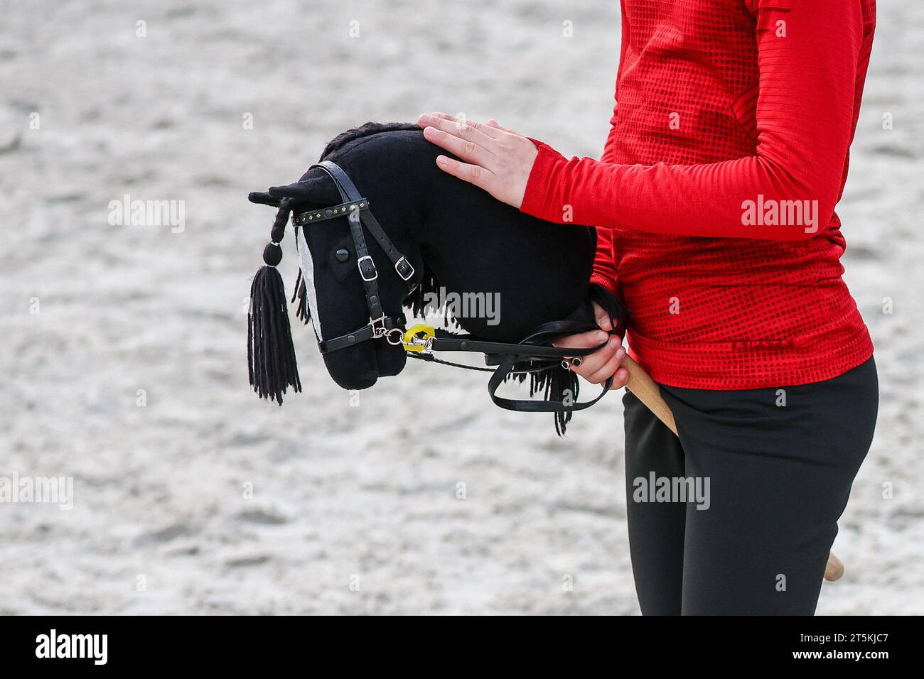 Halle, Germania. 3 novembre 2023. Helena si erge sul suo cavallo da hobby felice nell'arena di equitazione. Insieme ad altre persone che condividono la stessa mentalità, il bambino di nove anni prende parte al "hobbyhorsing" presso l'Halle (Saale) Riding Club. Gli atleti corrono attraverso un percorso di salto ostacoli su cavalli da hobby o eseguono un test di dressage. Gli hobbyhorse possono timido o rifiutarsi di saltare proprio come i loro grandi modelli di ruolo. Crediti: Jan Woitas/dpa/Alamy Live News Foto Stock