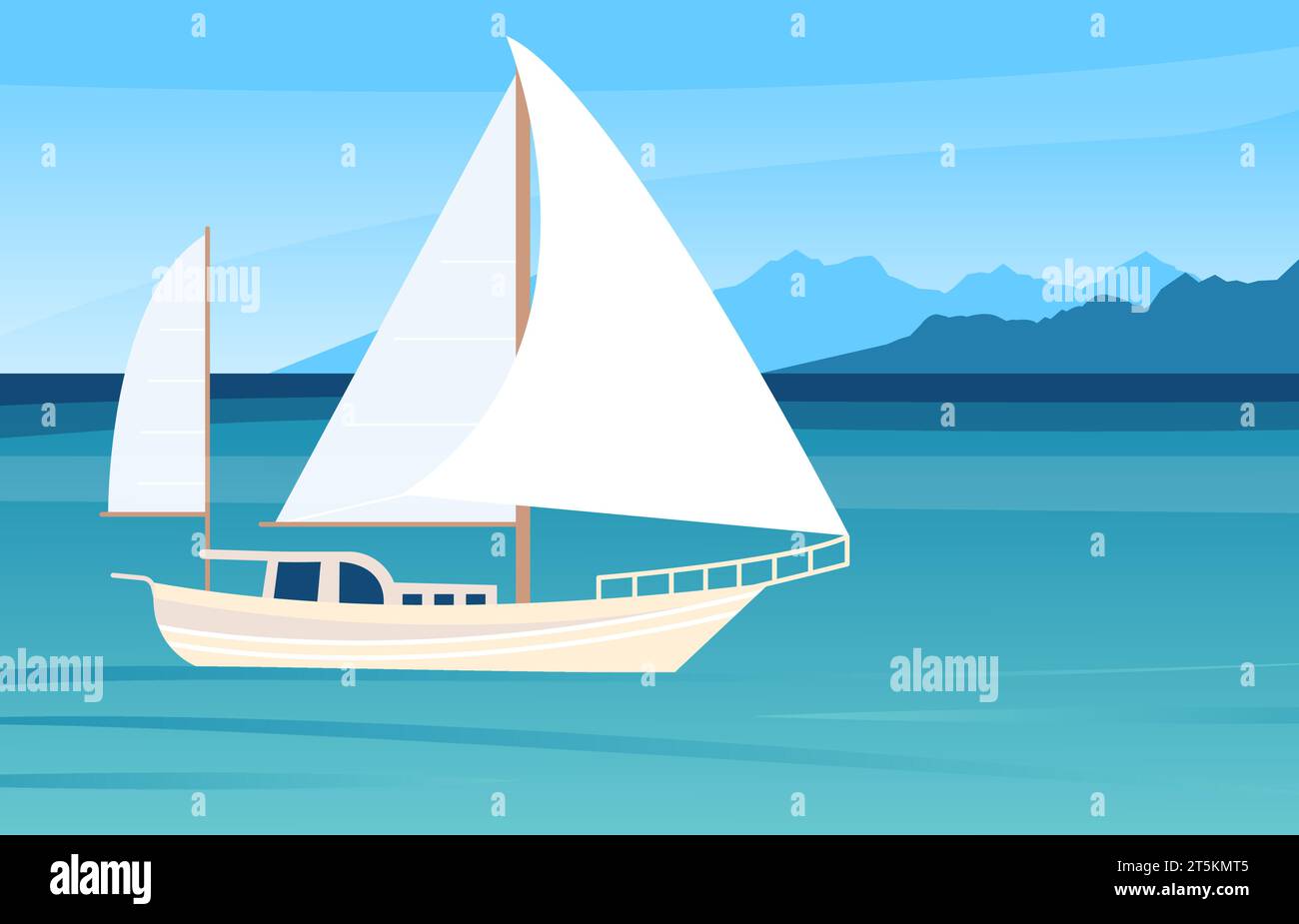 Yacht bianco in mare blu e montagna, paesaggio di viaggio nella natura. Avventure oceaniche, nave piatta o barca in acqua. Riposo e trasporto, appartamento decente Illustrazione Vettoriale