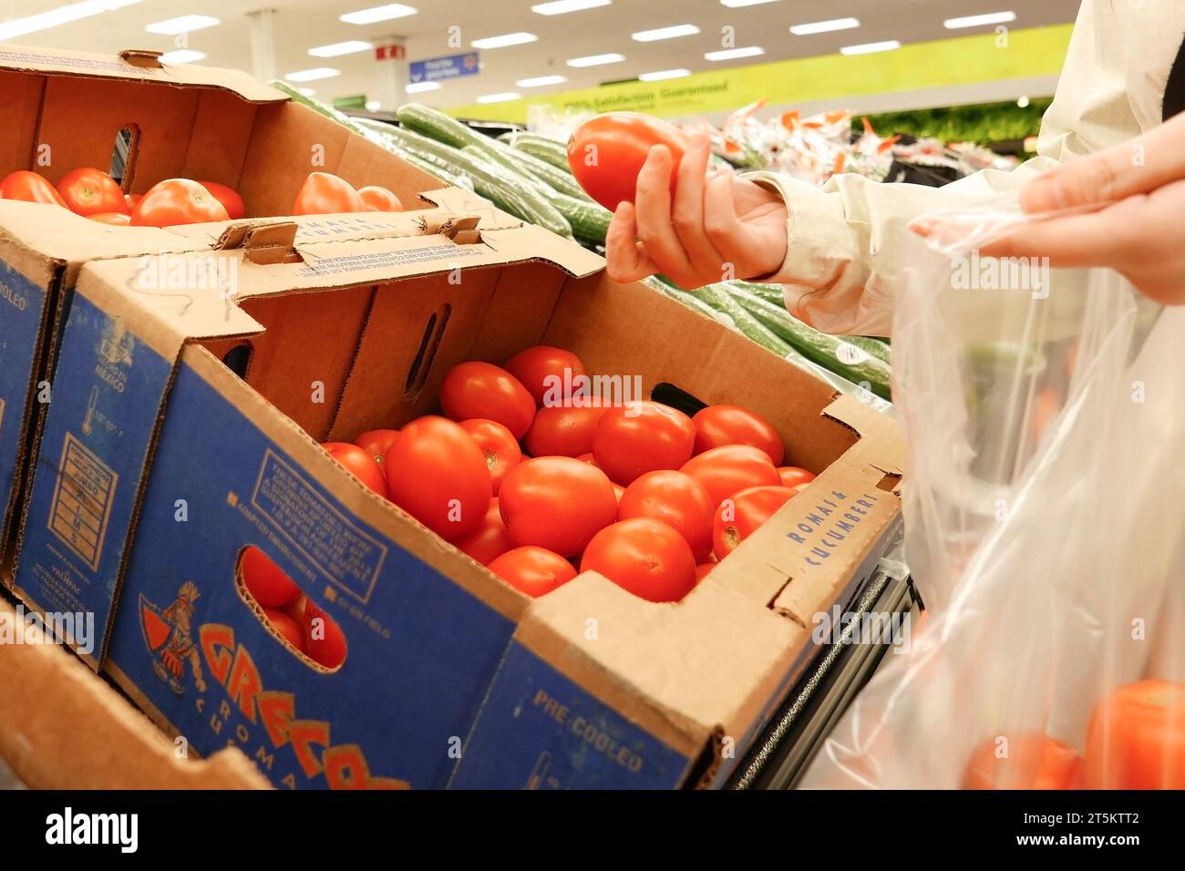 Donna che sceglie il pomodoro Roma all'interno di un negozio Walmart Foto Stock