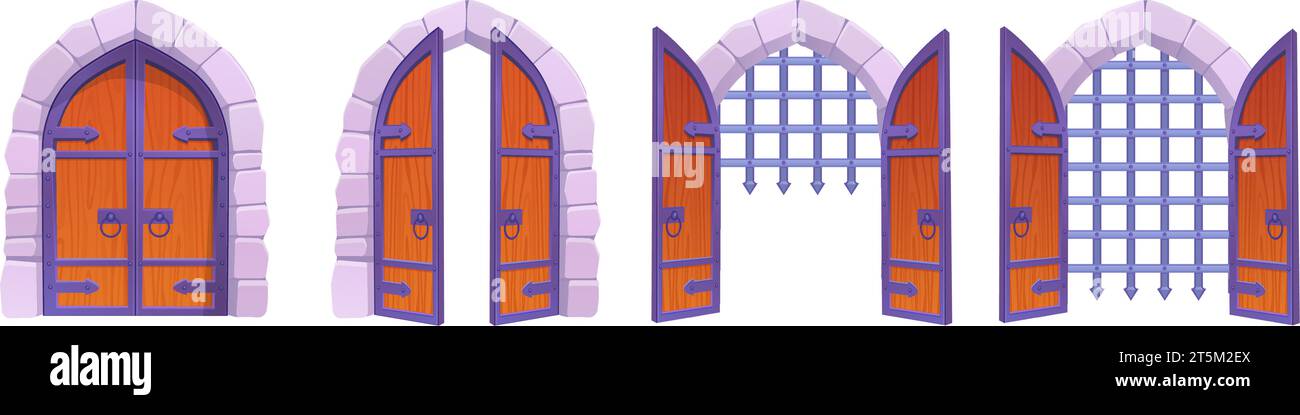 Cancello di apertura del castello. Porta in legno chiusa aperta fortificazione in acciaio, porte della roccaforte medievale europea porte in pietra ingresso sotterraneo animazione, illustrazione vettoriale del castello cancello chiuso e aperto Illustrazione Vettoriale