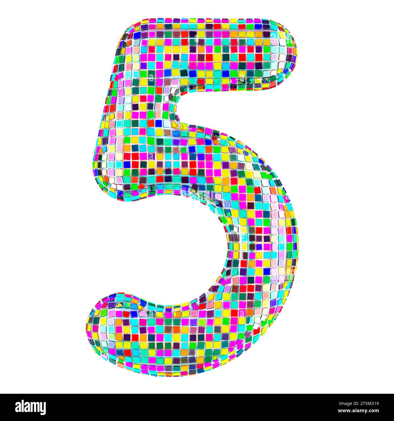 Carattere mosaico, numero 5 da pezzi di mosaico vividi. Rendering 3D isolato su sfondo bianco Foto Stock