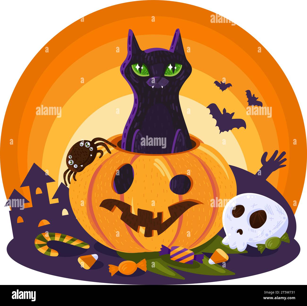 Il gatto nero di Halloween sbircia fuori dalla vergognosa zucca decorata con ossa caramellate ed elementi festivi di Halloween. Oggetti arcani per stregoneria e rituali. Illustrazione Vettoriale