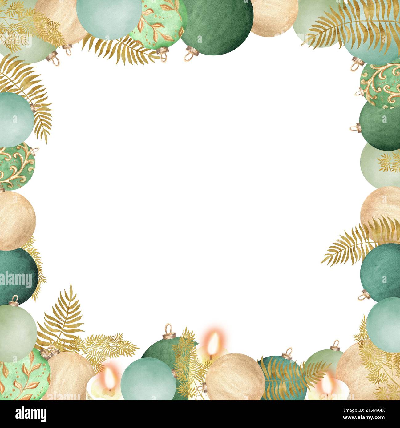 Illustrazione ad acquerello disegnata a mano. Cornice quadrata festosa con baubles in vetro chiaro verde e dorato, felce dorate e candele di illuminazione. Per i poster, gr Foto Stock