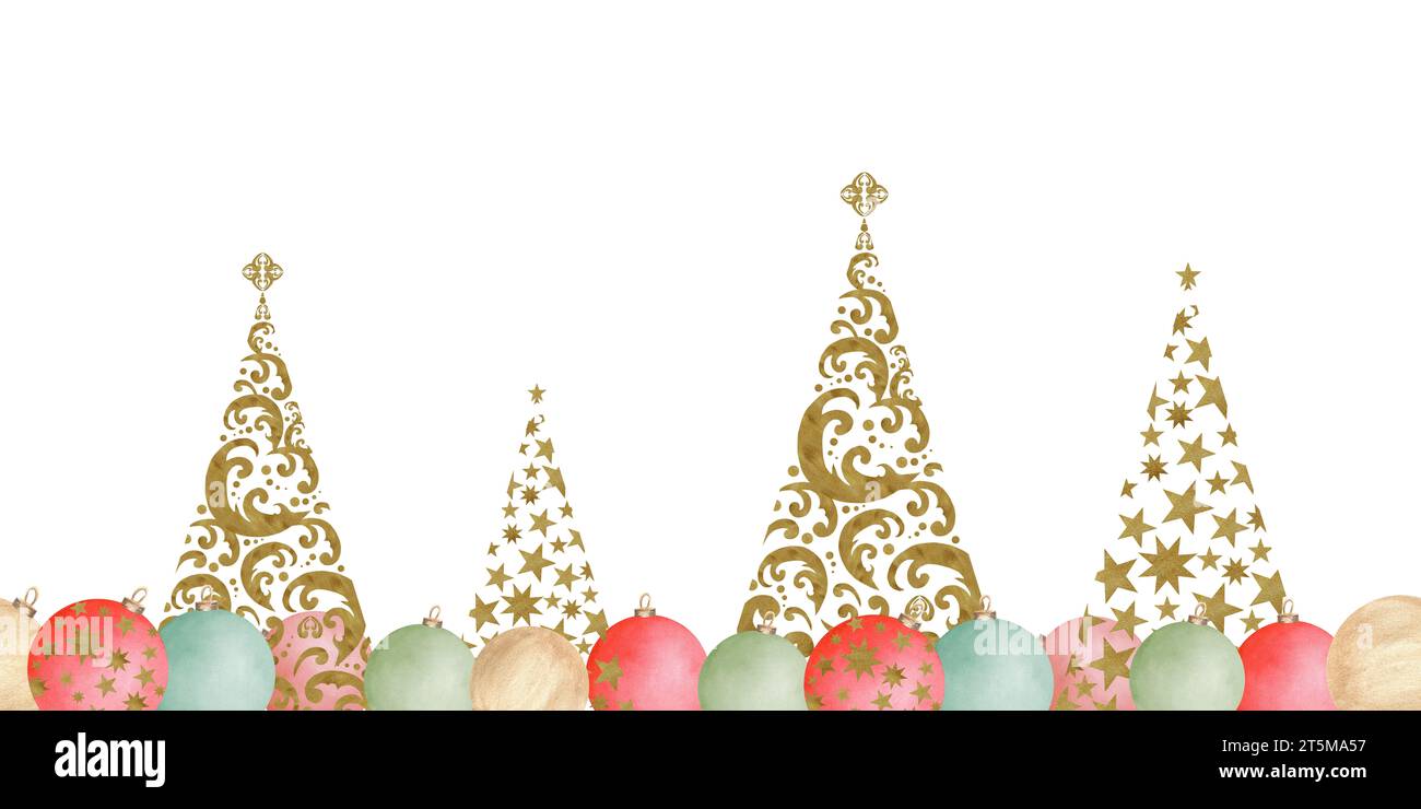 Illustrazione ad acquerello disegnata a mano. Bordo senza cuciture per le feste con baule rosse, verdi e dorate e abeti lacy. Per la stampa di design, biglietti d'auguri, cov Foto Stock