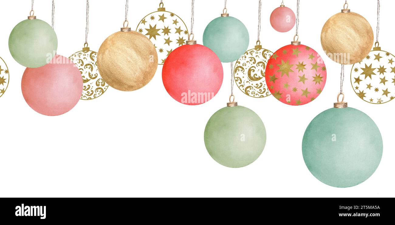 Illustrazione ad acquerello disegnata a mano. Bordo senza cuciture per le feste con baule sospese rosse, verdi, dorate e in pizzo. Per la stampa di design, biglietti d'auguri, cov Foto Stock