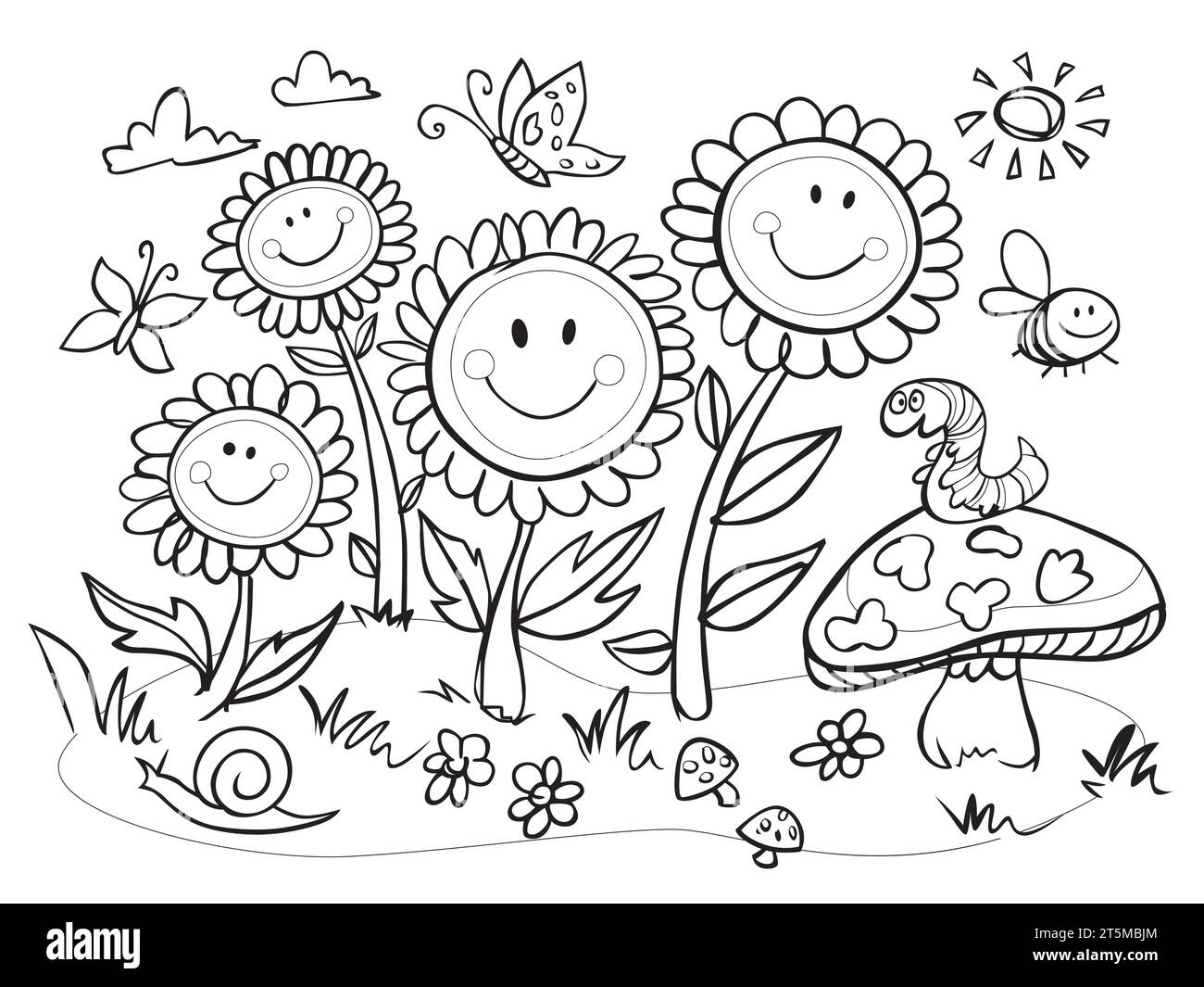 I contorni in bianco e nero avvolgono i fiori sorridenti in orizzontale con le illustrazioni dei funghi. Ottima pagina da colorare per i bambini. Illustrazione Vettoriale