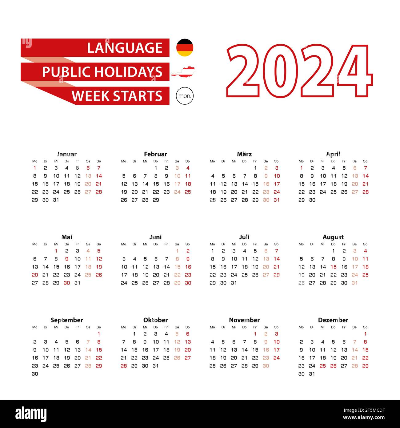 Calendario 2024 in lingua tedesca con giorni festivi il paese dell'Austria nell'anno 2024. La settimana inizia da lunedì. Illustrazione vettoriale. Illustrazione Vettoriale