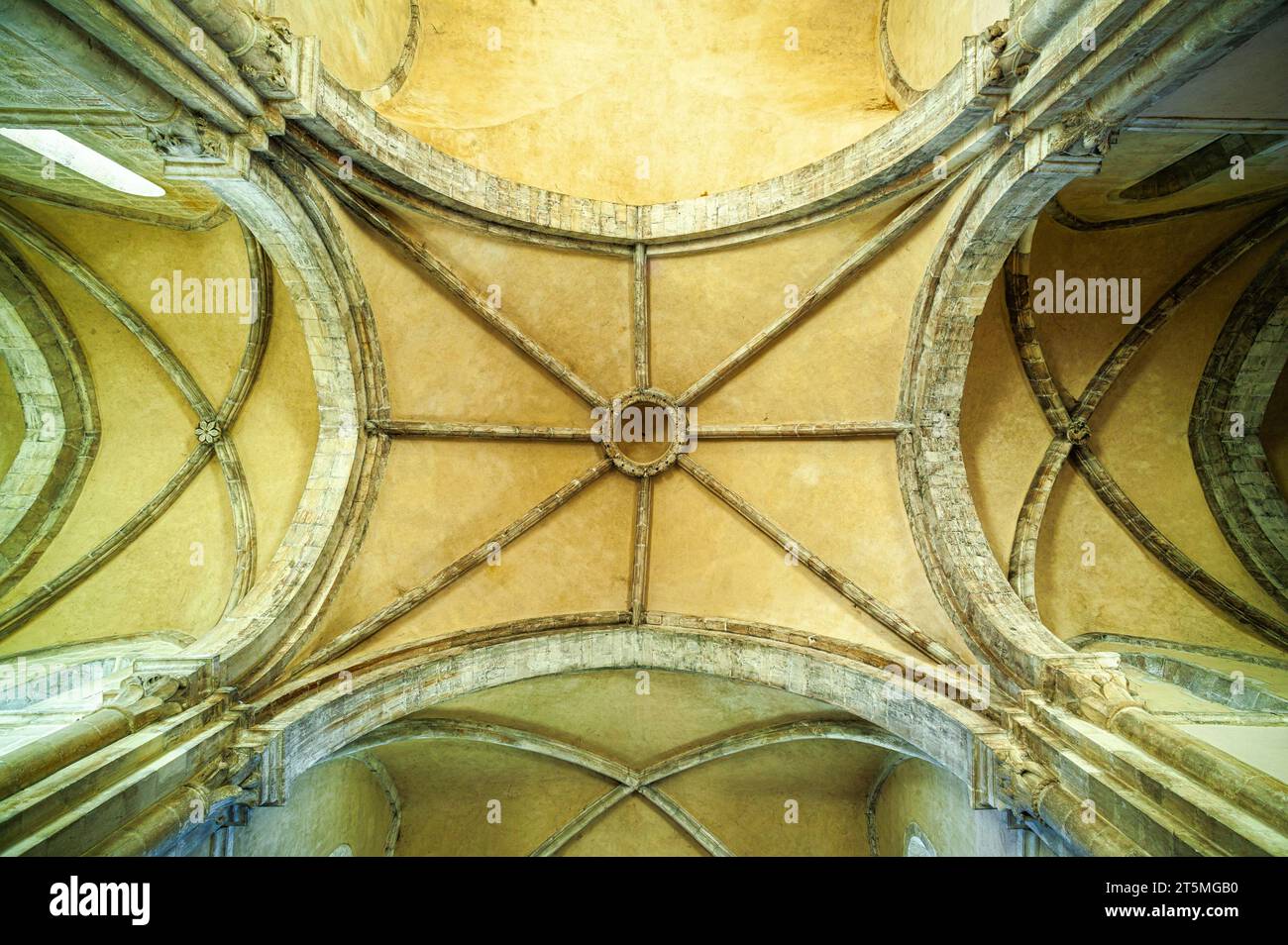 Particolare della volta che attraversa il soffitto nell'Abbazia cistercense di Santa Maria di Arabona. Manoppello, provincia di Pescara, Abruzzo, Italia, Europa Foto Stock