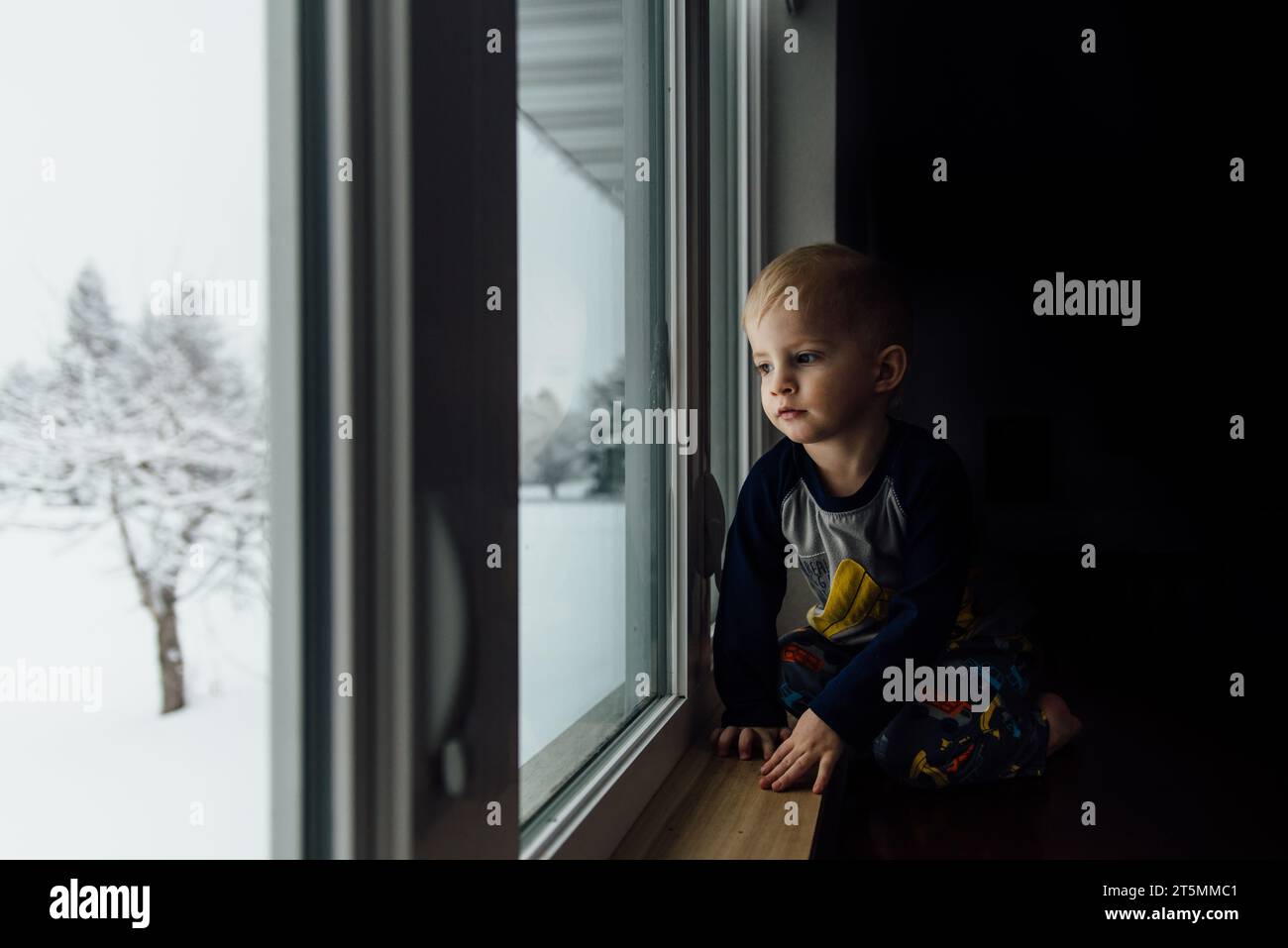 Un ragazzino che guarda fuori dalla finestra sulla scena innevata a casa. Foto Stock