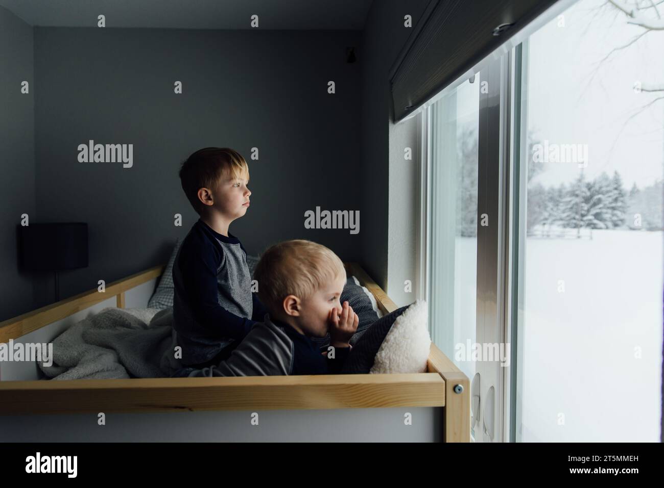 Vista laterale luminosa dei piccoli fratelli seduti sul letto e affacciati sul wi-fi Foto Stock