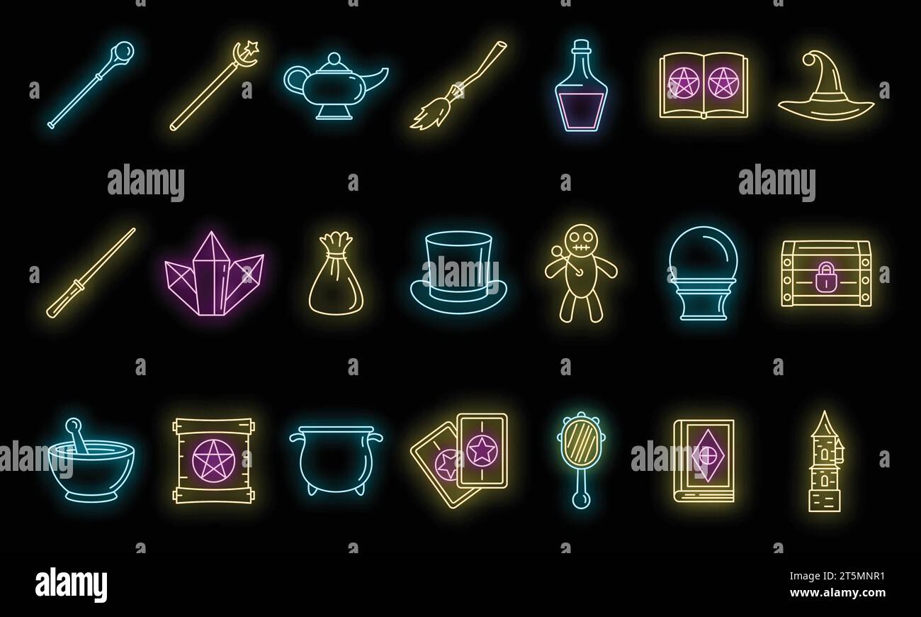 Set di icone degli strumenti della procedura guidata magica. Delinea set di strumenti magici icone vettoriali colore neon nero Illustrazione Vettoriale